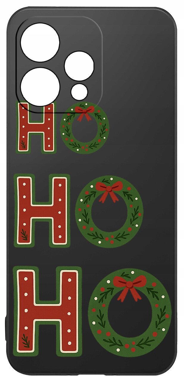 Czarne etui z napisem \'HO HO HO\', gdzie litery \'O\' zastąpione są zielonymi wieńcami z czerwonymi kokardkami.