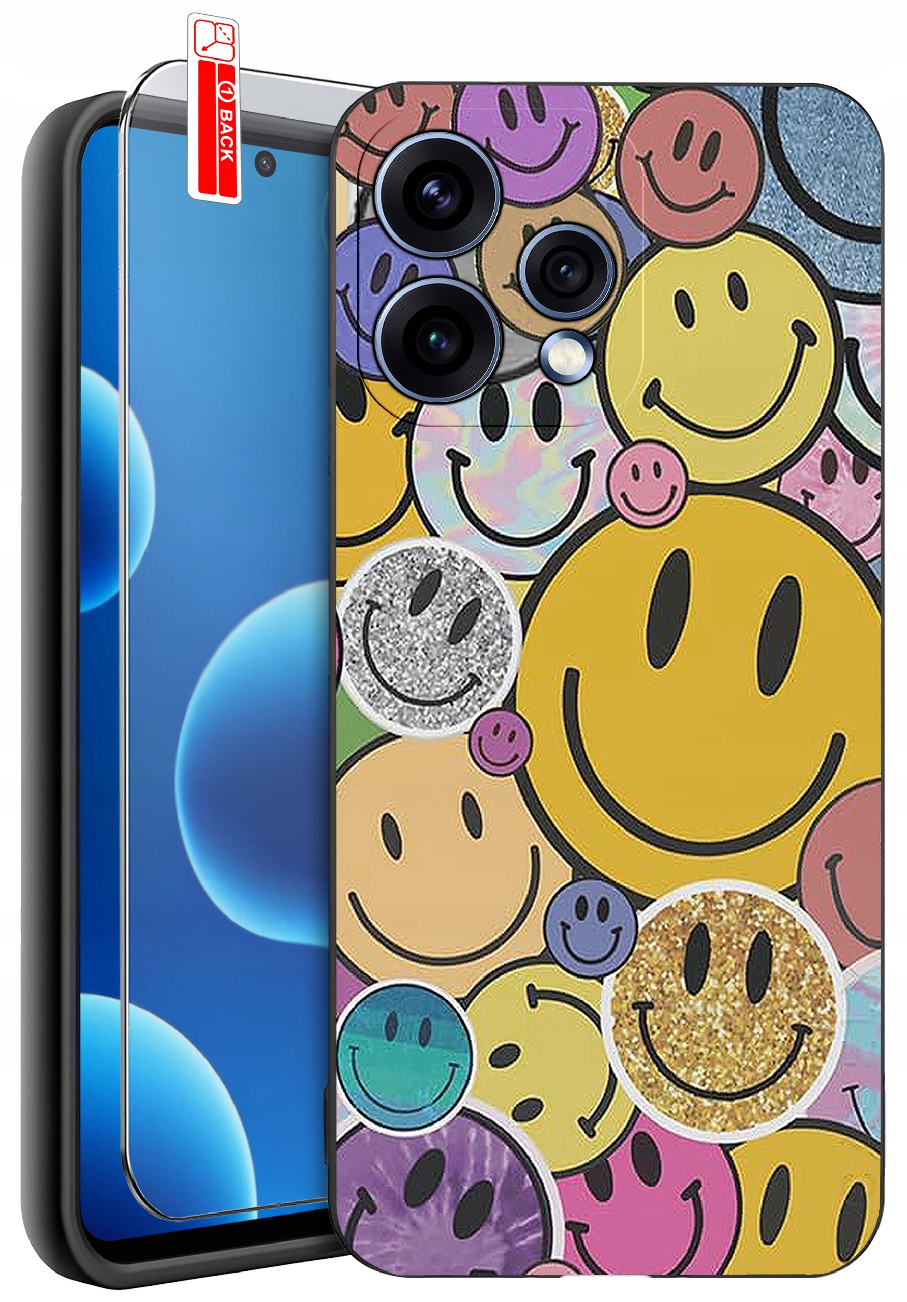 Etui na telefon z kolorowymi wzorami uśmiechniętych buziek w różnych kolorach i teksturach. Obok etui znajduje się szkło ochronne z napisem \'BACK\'.