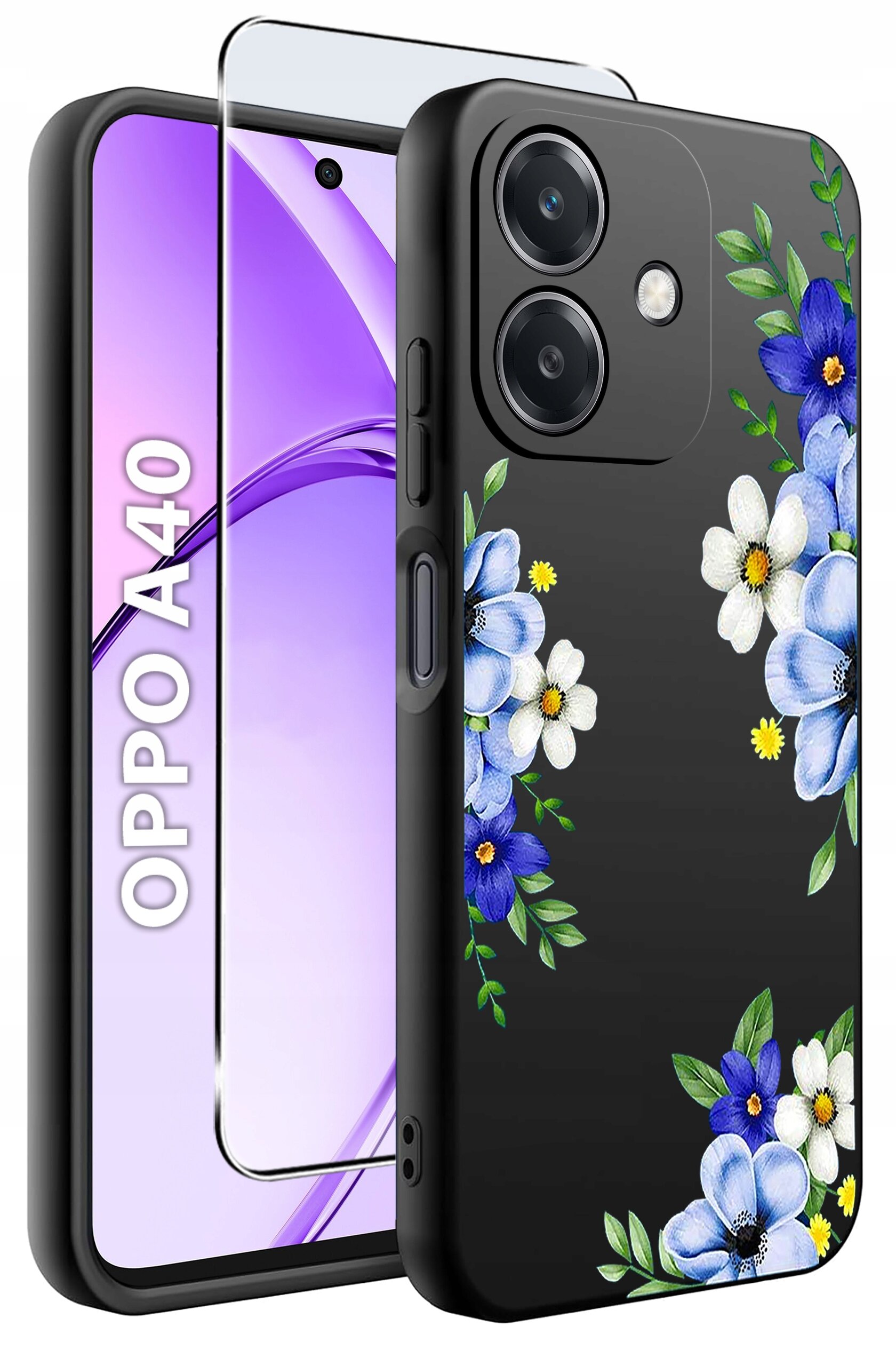 Etui do telefonu z czarnym tłem ozdobione niebieskimi i białymi kwiatami oraz zielonymi liśćmi. Obok widoczny jest telefon z napisem \'OPPO A40\' na ekranie i szkłem ochronnym.