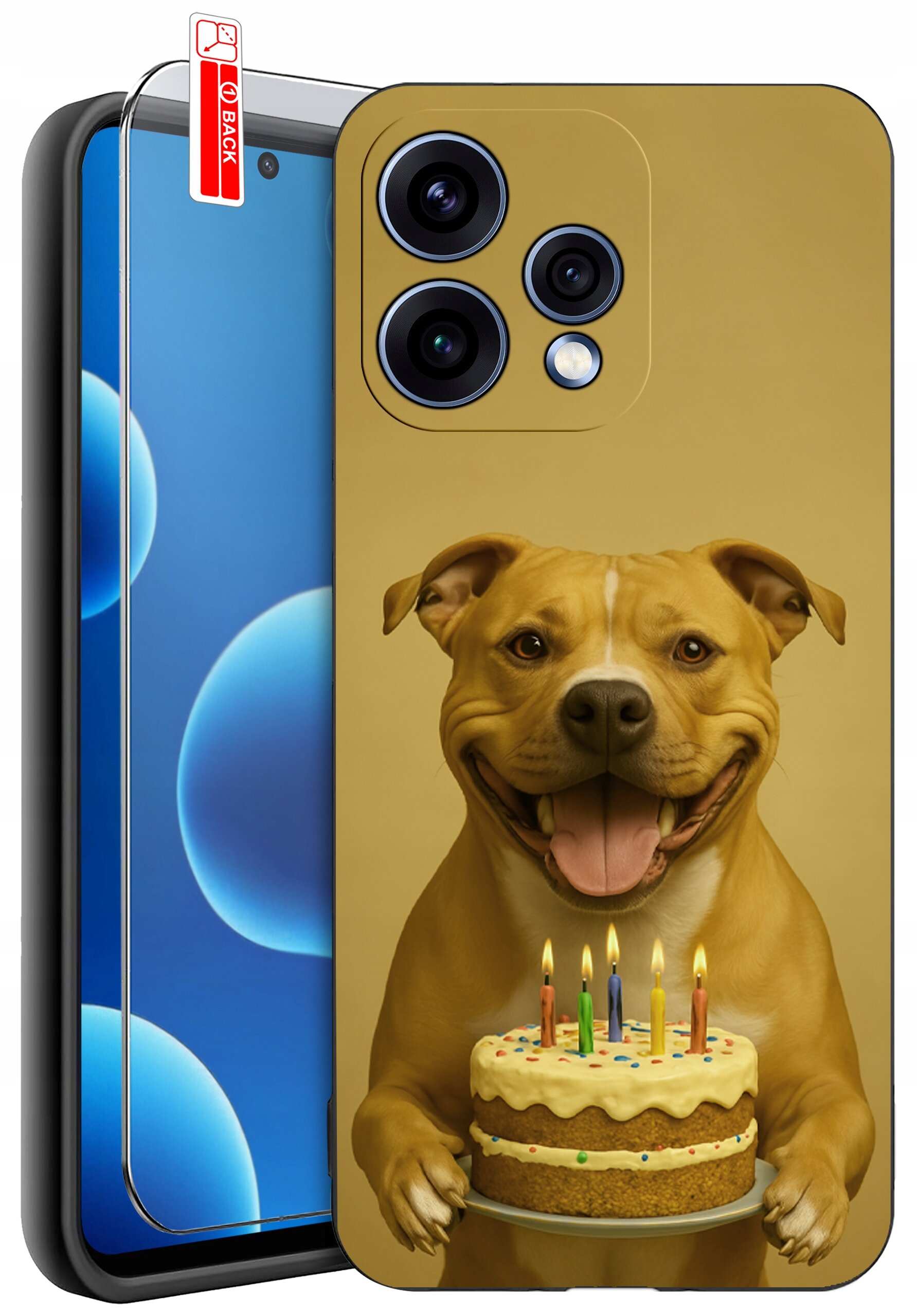 Etui na telefon z nadrukiem psa trzymającego tort z kolorowymi świeczkami. Obok widoczna jest szybka ochronna z napisem \'BACK\'.