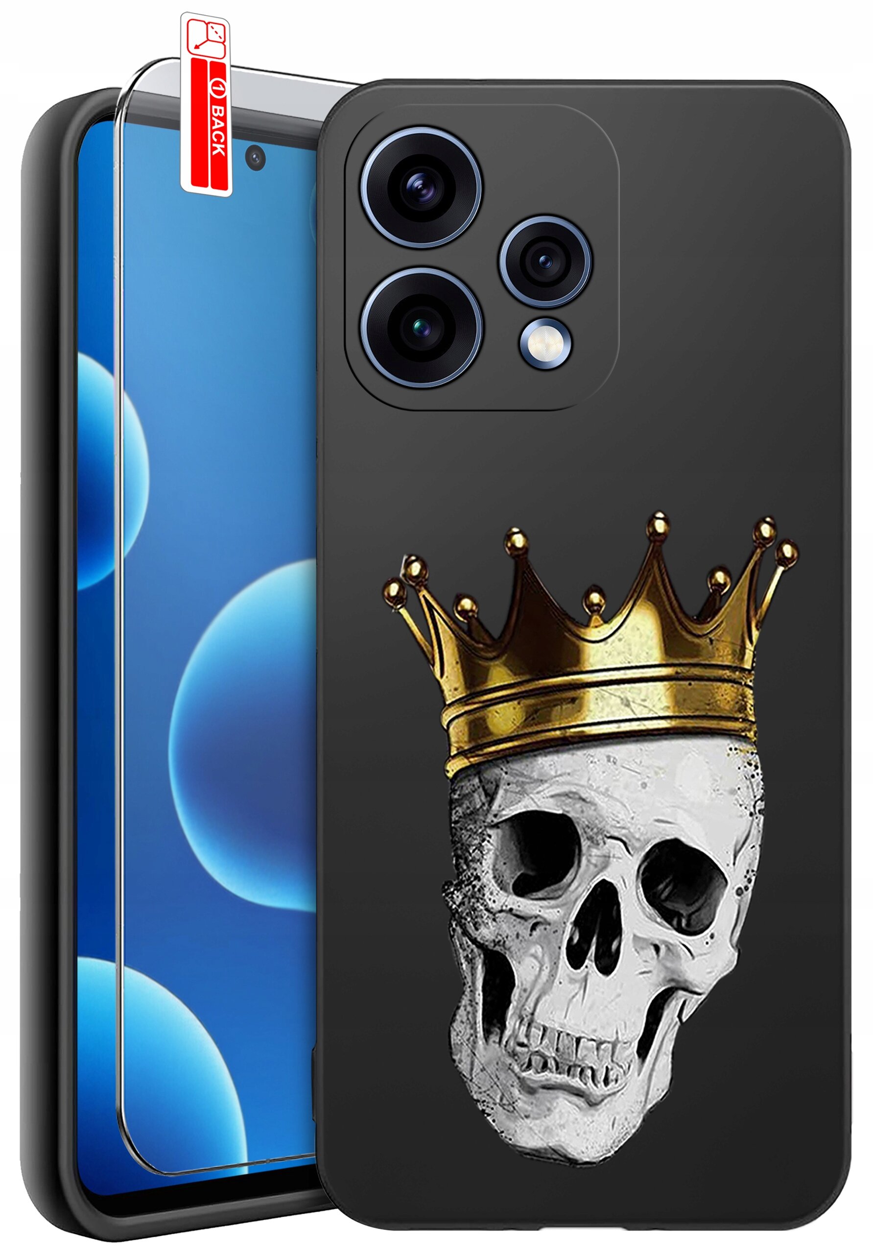 Czarne etui na telefon z nadrukiem czaszki w złotej koronie. Obok znajduje się szkło ochronne z napisem \'BACK\'.