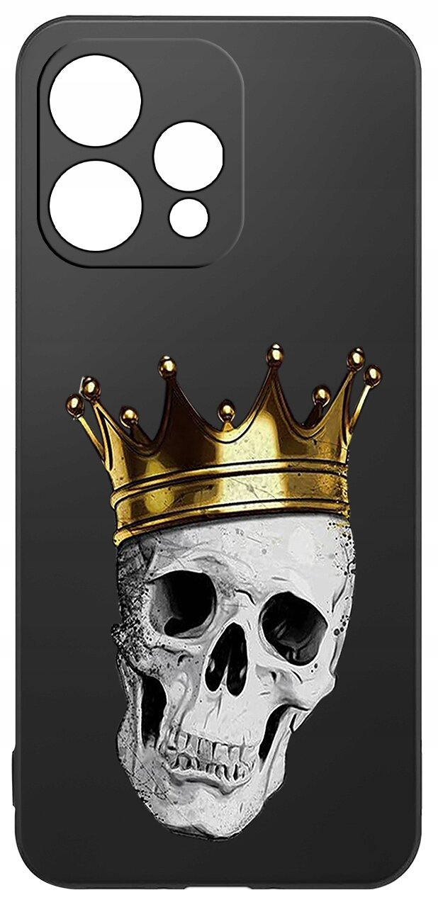 Czarne etui na telefon z nadrukiem czaszki noszącej złotą koronę. Etui ma wycięcia na aparat z czterema okrągłymi otworami.