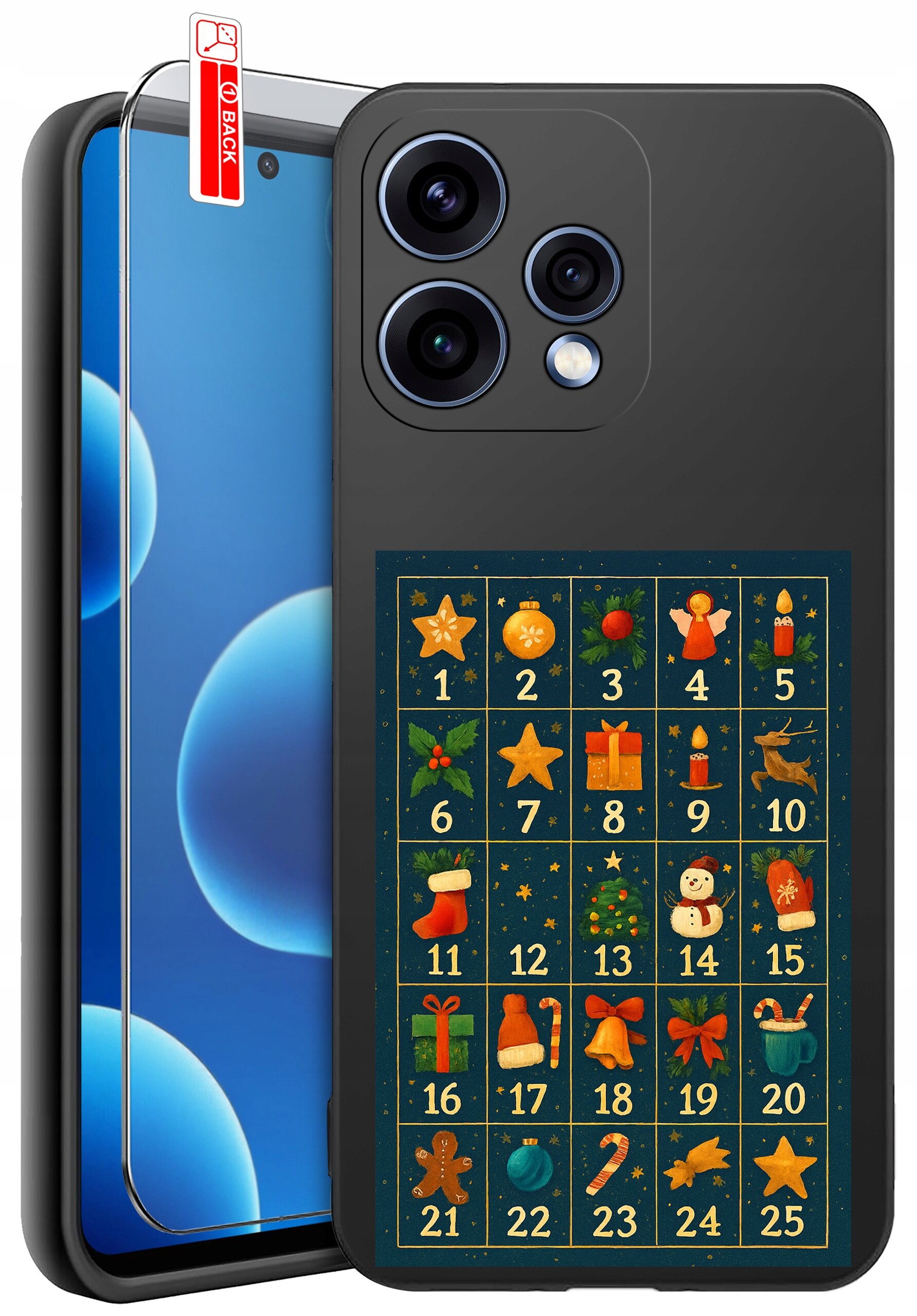 Etui na telefon z motywem świątecznym, przedstawiające kalendarz adwentowy z numerami od 1 do 25 i różnymi świątecznymi symbolami. Obok etui znajduje się szkło ochronne z oznaczeniem \'BACK\'.