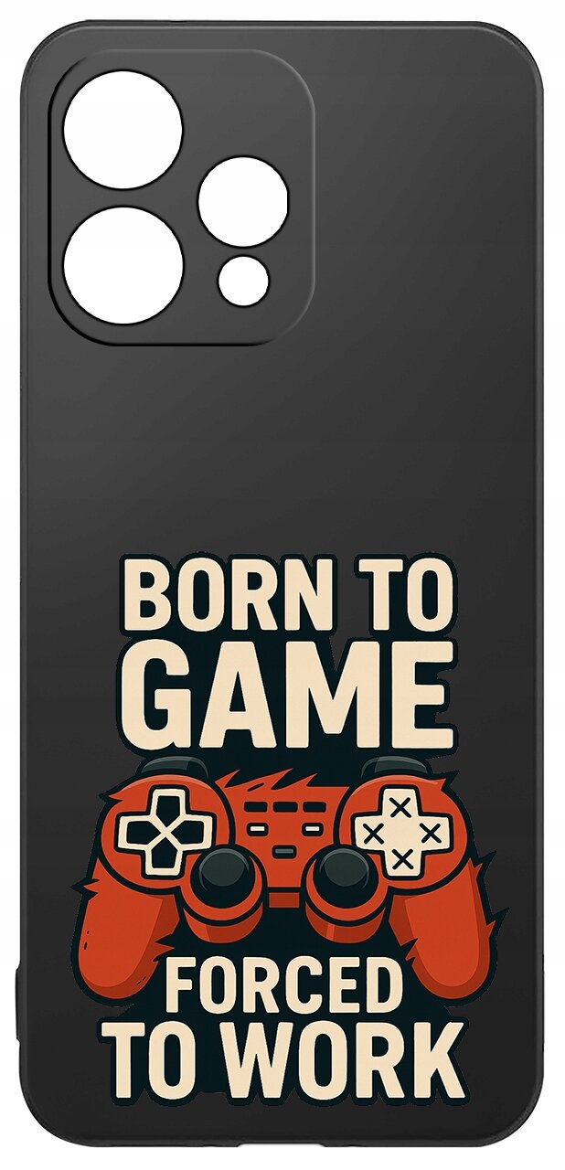 Czarne etui z grafiką czerwonego kontrolera do gier i napisem \'BORN TO GAME FORCED TO WORK\'.