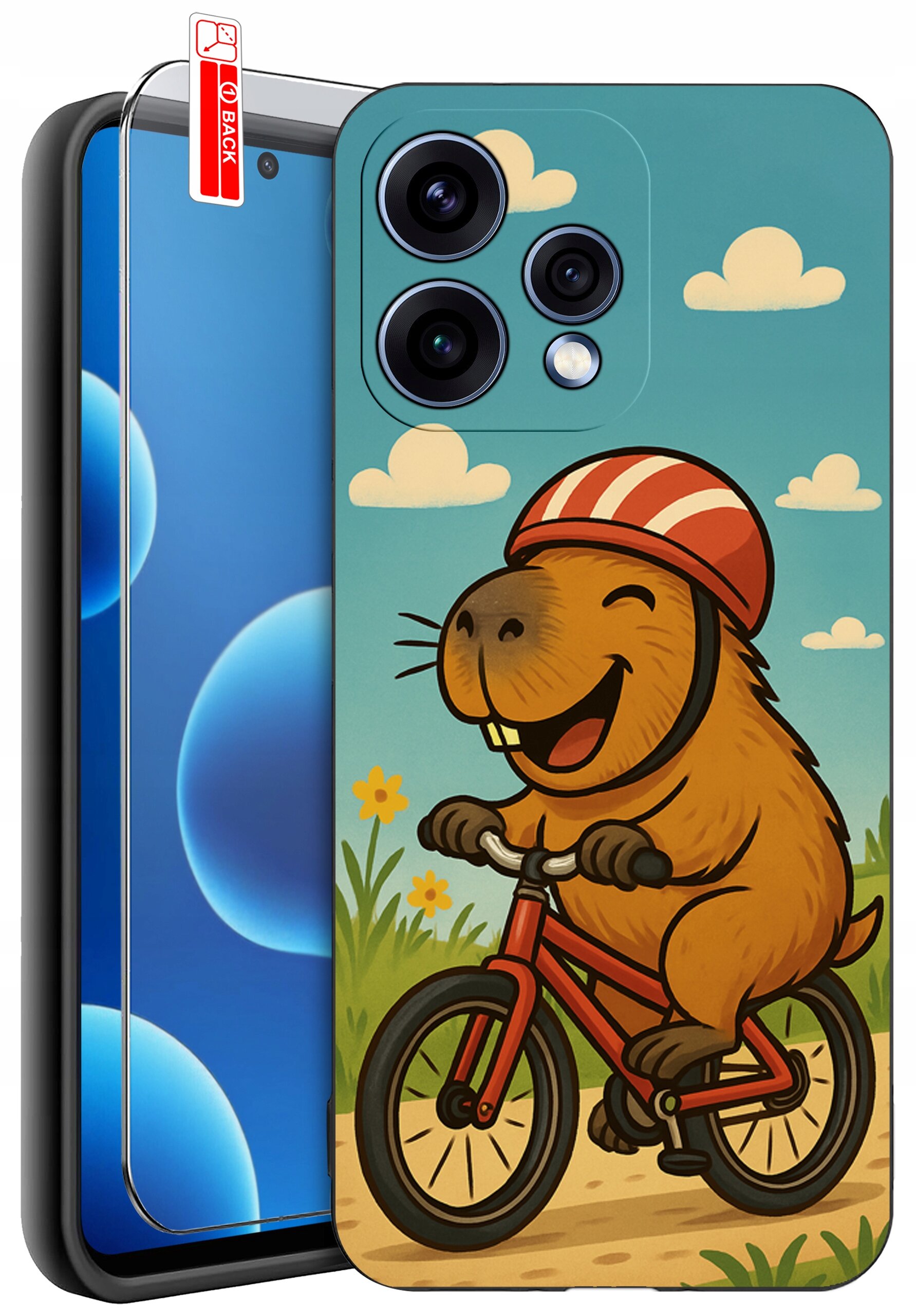 Etui na telefon z kolorowym nadrukiem przedstawiającym radosnego zwierzaka na rowerze w kasku, na tle nieba z chmurkami. Obok etui znajduje się szkło ochronne z oznaczeniem \'BACK\'.