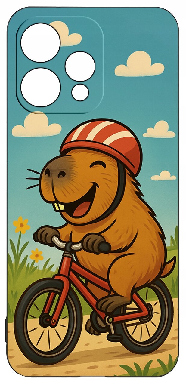 Etui z kolorowym nadrukiem przedstawiającym rysunkowego zwierzaka na rowerze w kasku, na tle nieba z chmurkami i roślinności.