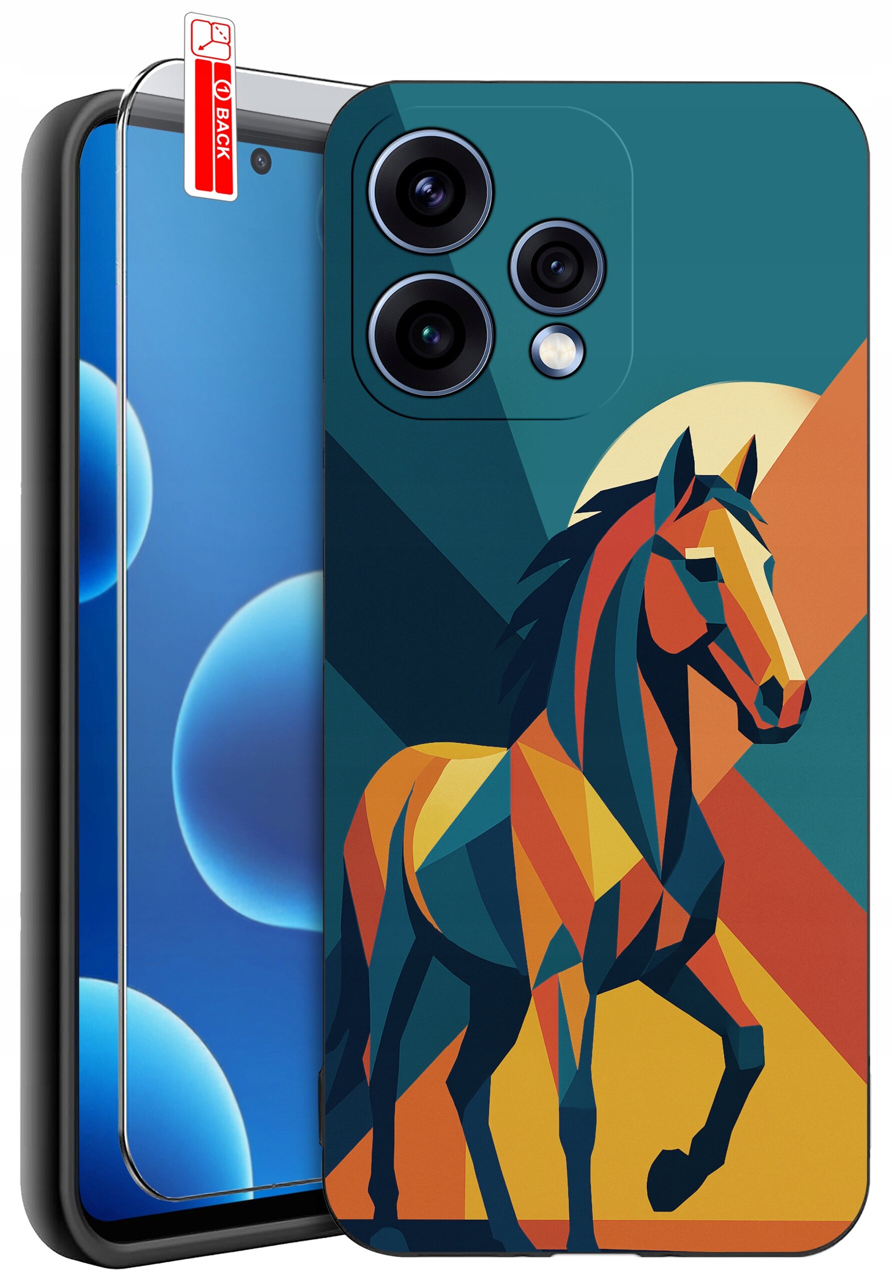 Etui na telefon z kolorowym, geometrycznym wzorem konia oraz szkło ochronne z napisem \'BACK\'.