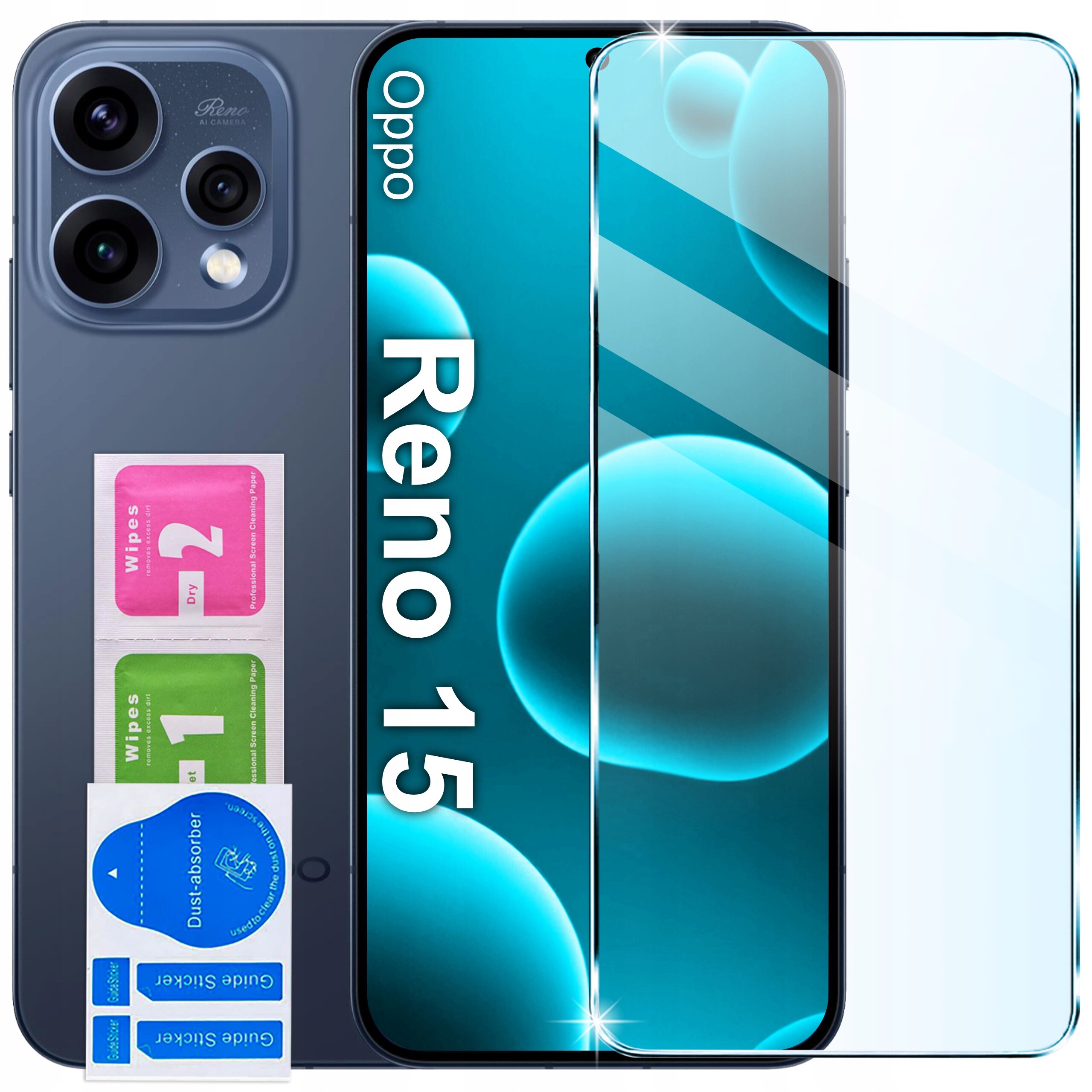 Na obrazie widoczny jest telefon Oppo Reno 15 z nałożonym szkłem ochronnym. Obok znajdują się dwie ściereczki oznaczone jako \'Wipes 1\' i \'Wipes 2\' oraz naklejki \'Dust-absorber\'.