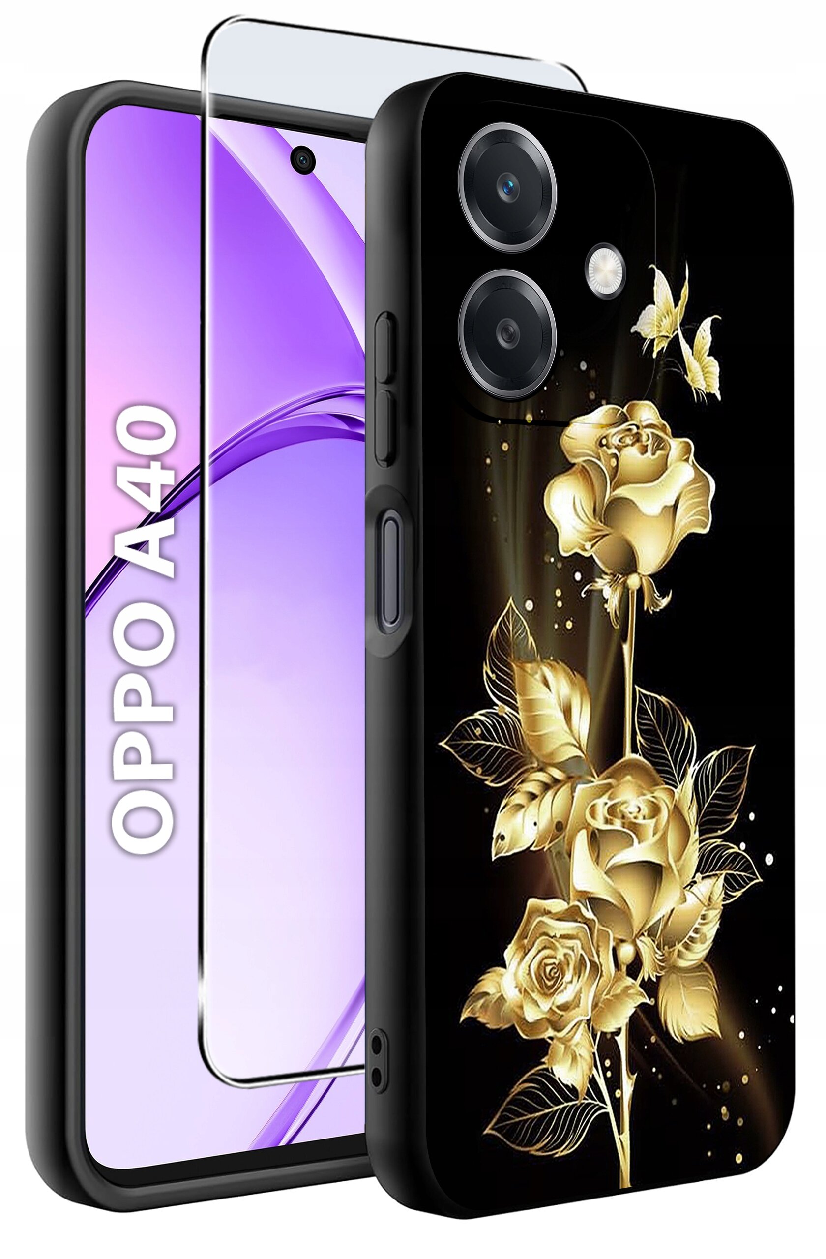 Obraz przedstawia etui na telefon z motywem złotych róż i motyli na czarnym tle. Obok widoczny jest telefon z napisem \'OPPO A40\' na ekranie oraz szkło ochronne.