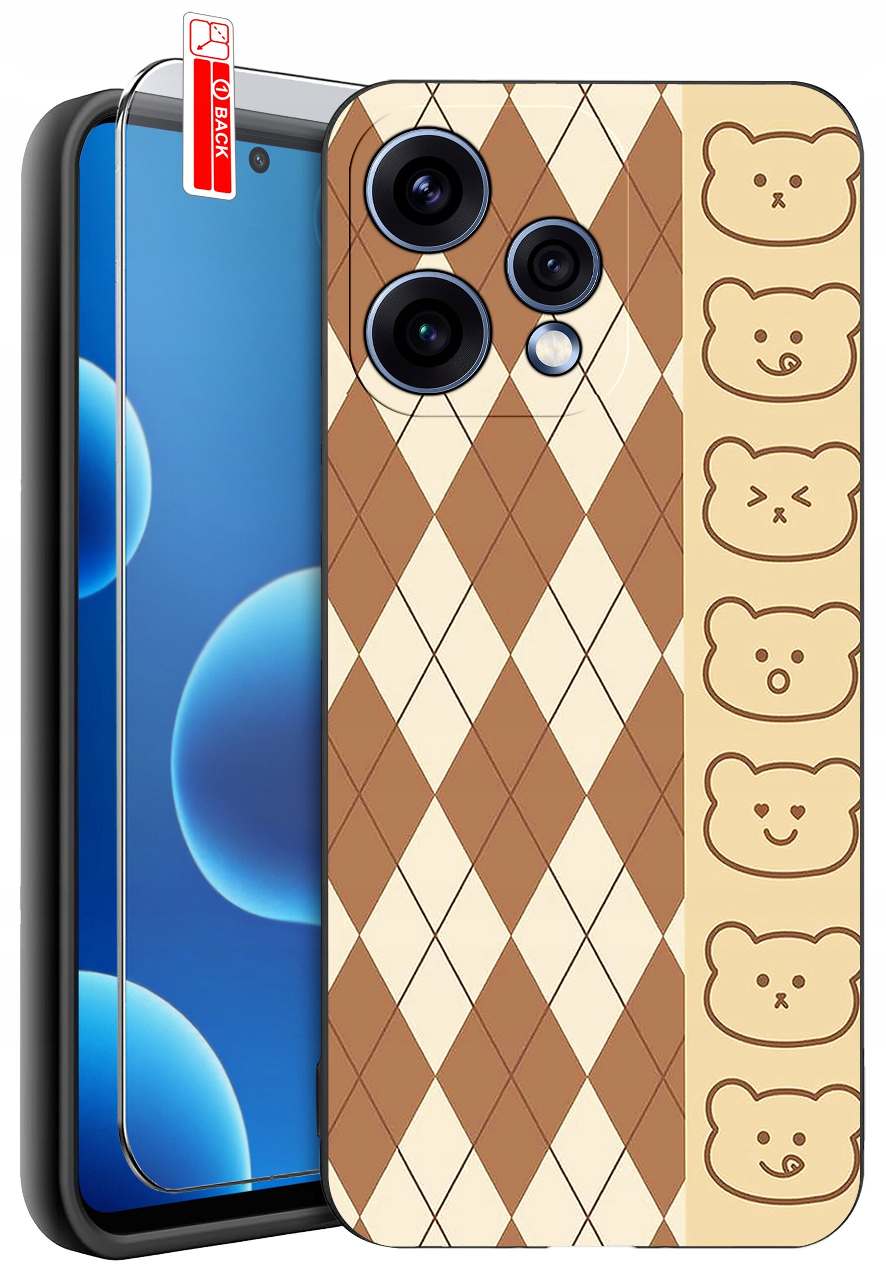 Etui na telefon z brązowym wzorem w romby oraz rysunkami misiów na bocznej części. Na ekranie telefonu znajduje się szkło ochronne z napisem \'BACK\'.