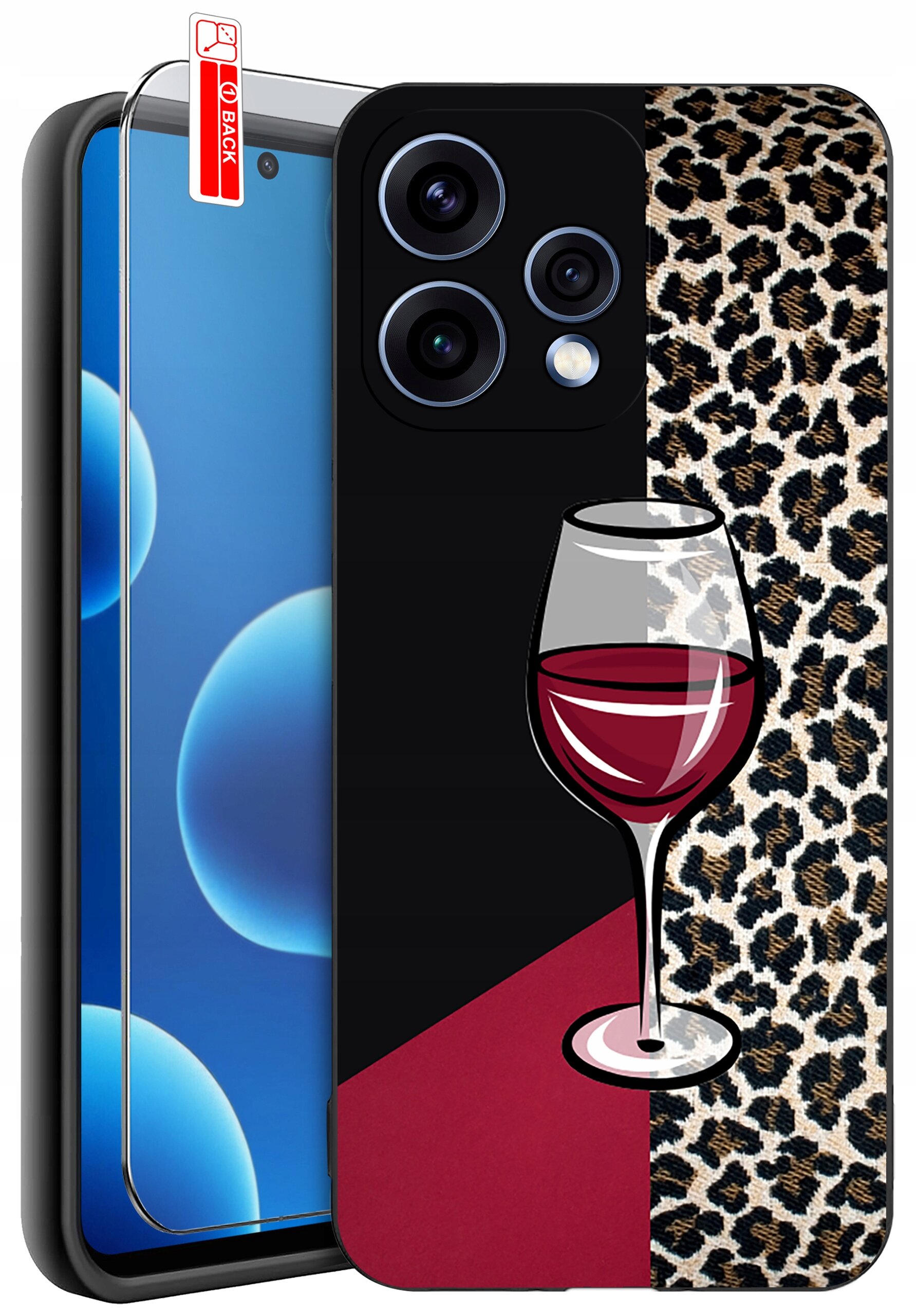 Etui na telefon z motywem kieliszka wina na tle czarno-bordowym oraz wzorem w cętki. Obok etui znajduje się szkło ochronne z oznaczeniem \'BACK\'.