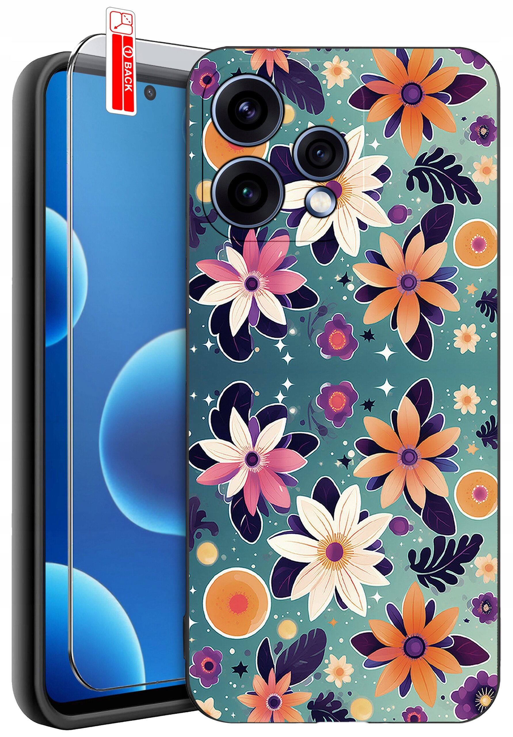 Etui na telefon z kolorowym wzorem kwiatowym, obok którego znajduje się szkło ochronne z napisem \'BACK\'.