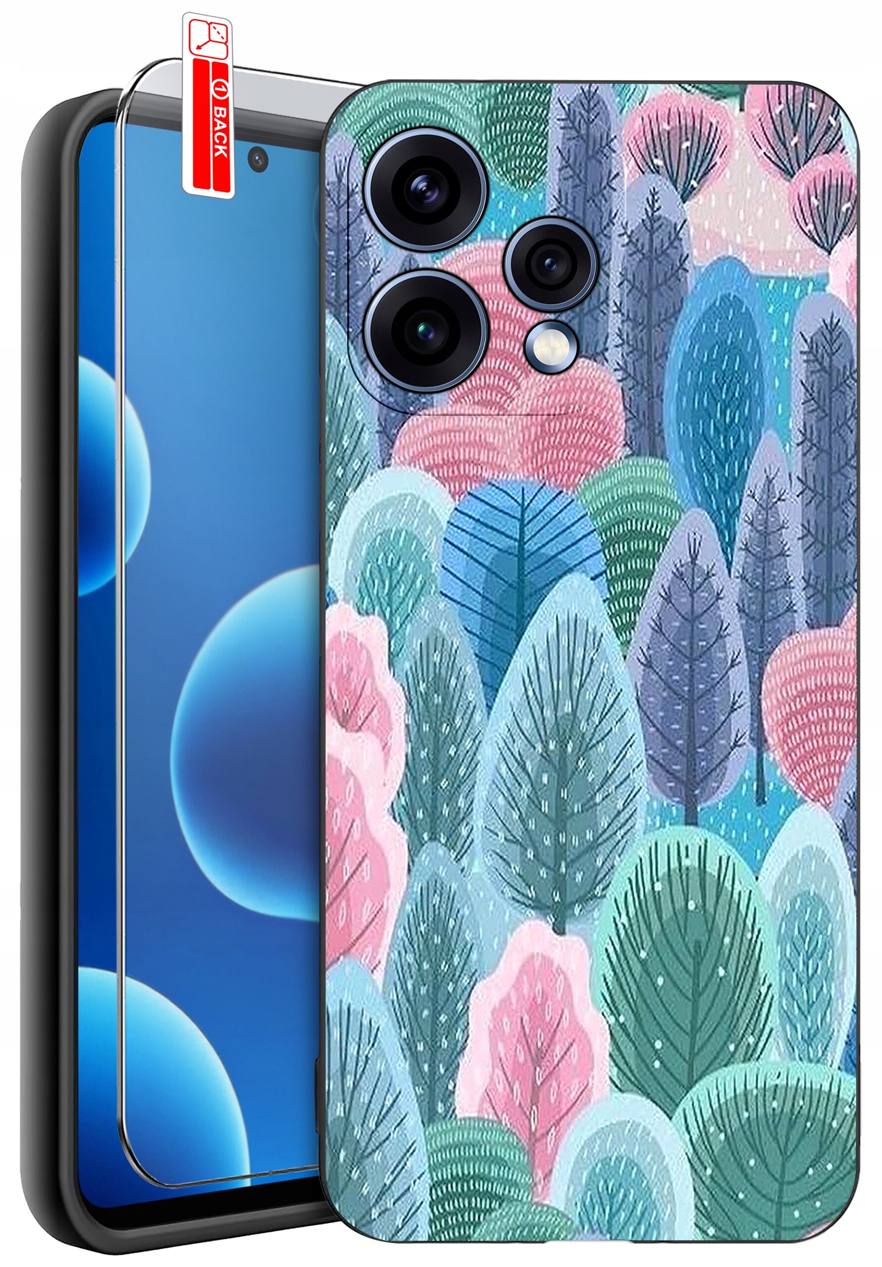 Obraz przedstawia telefon z nałożonym etui o wzorze kolorowych drzew w odcieniach różu, niebieskiego i zieleni. Obok telefonu znajduje się szkło ochronne z napisem \'BACK\'.