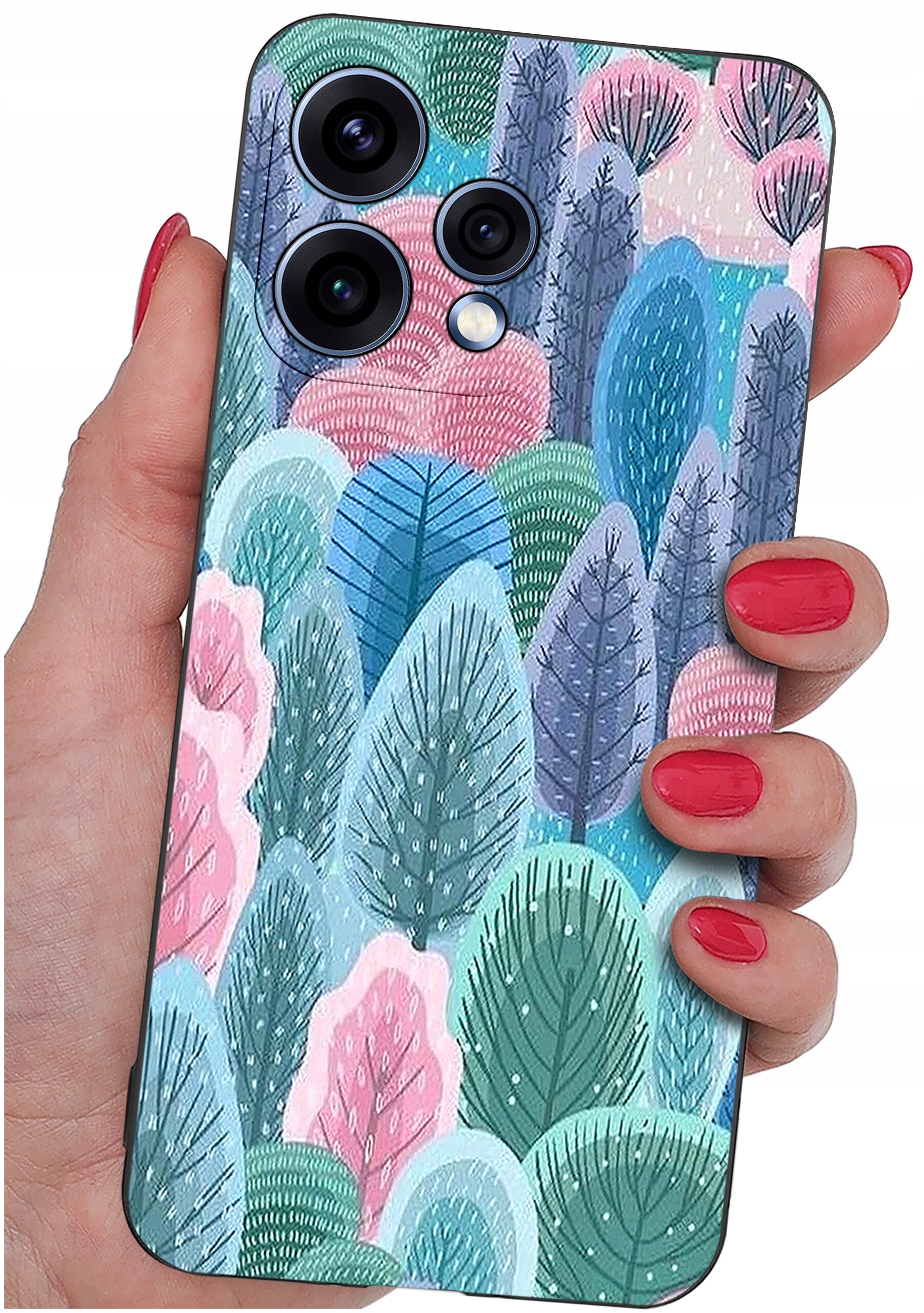 Etui na telefon z kolorowym wzorem przedstawiającym stylizowane liście w odcieniach zieleni, niebieskiego i różu. Trzymane jest w dłoni z pomalowanymi na czerwono paznokciami.