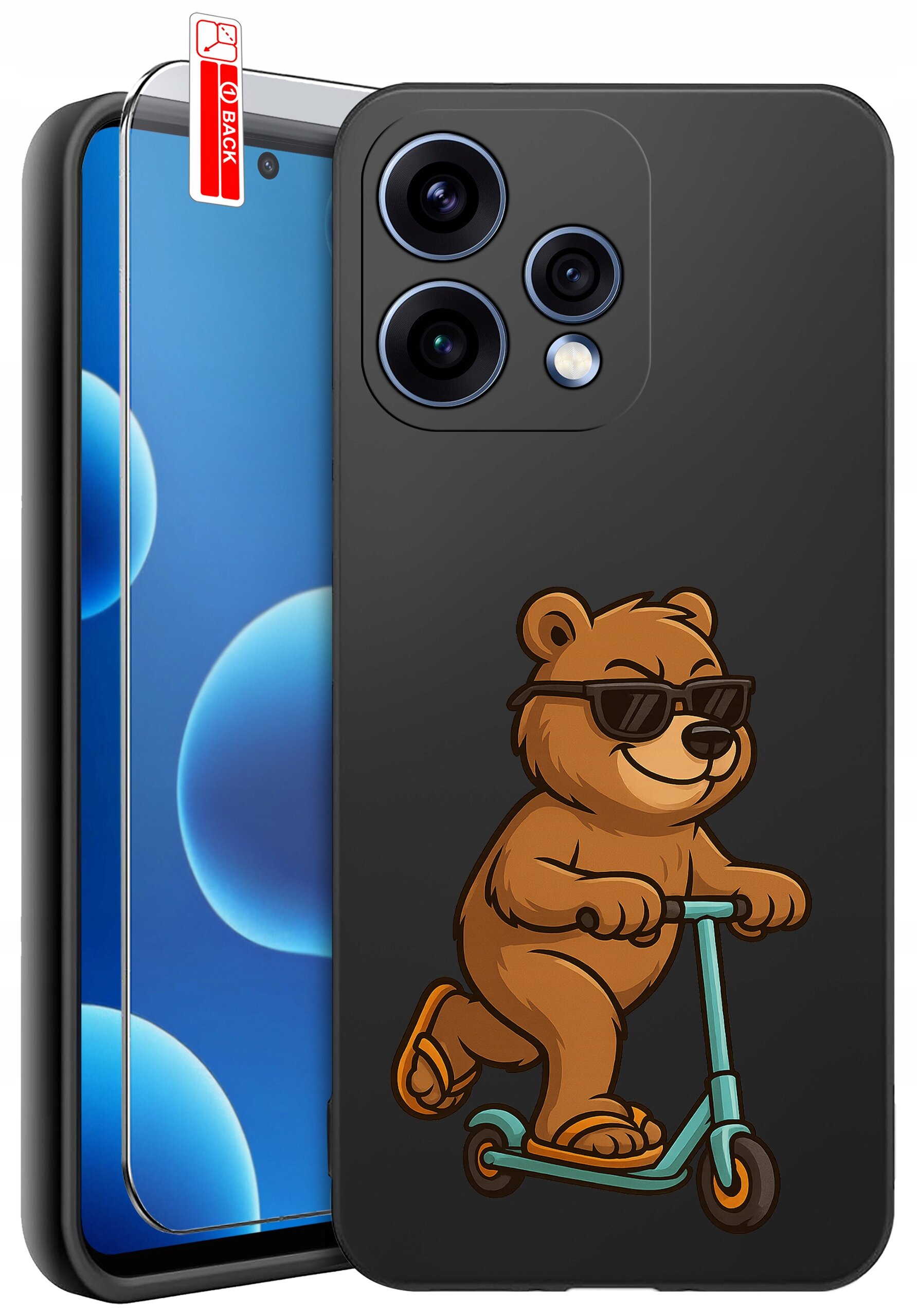 Czarne etui na telefon z grafiką niedźwiedzia na hulajnodze w okularach przeciwsłonecznych. Obok etui znajduje się szkło ochronne z napisem \'BACK\'.