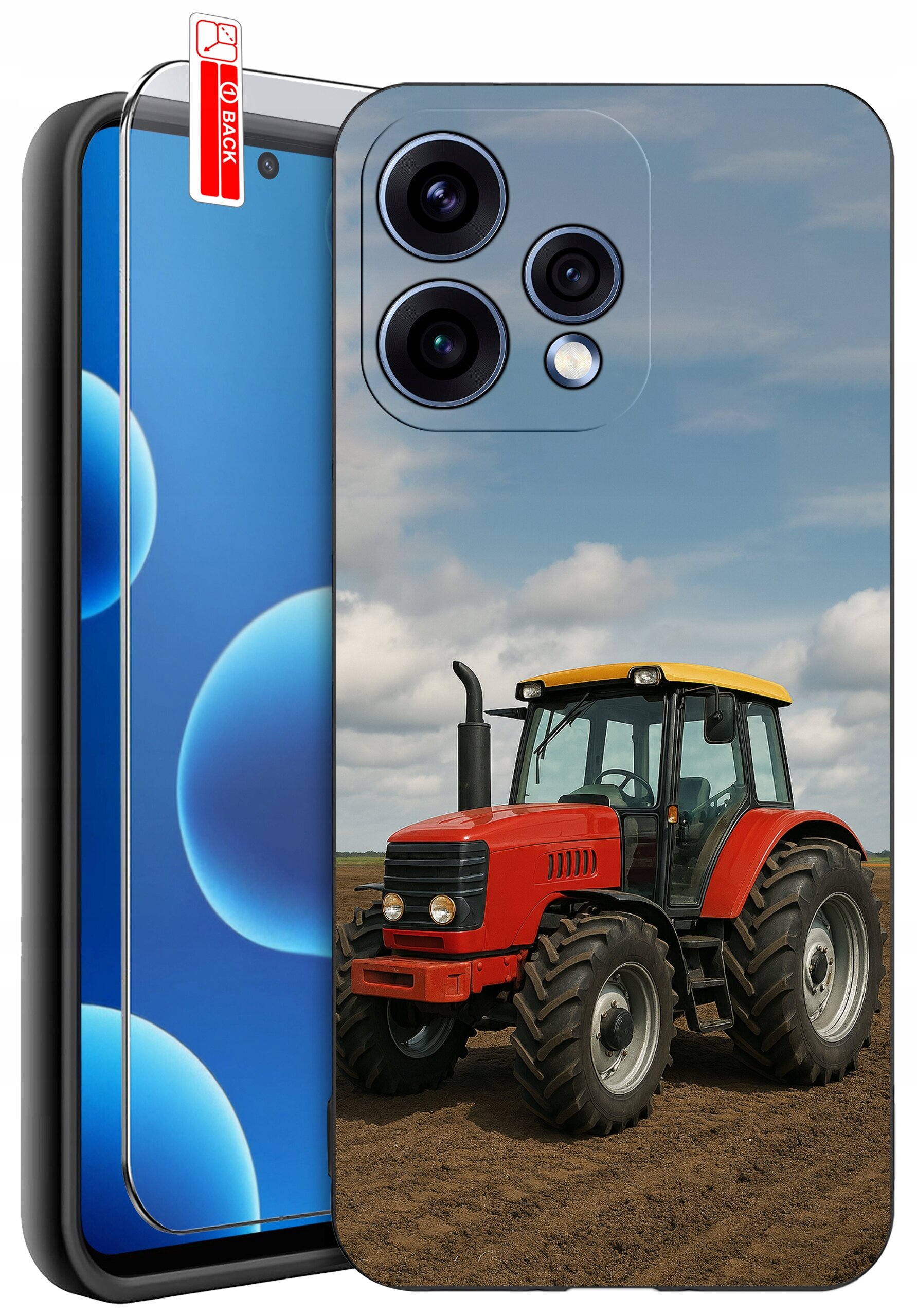 Obraz przedstawia etui na telefon z nadrukiem czerwonego traktora na polu. Obok etui widoczna jest szybka ochronna z napisem \'BACK\'.