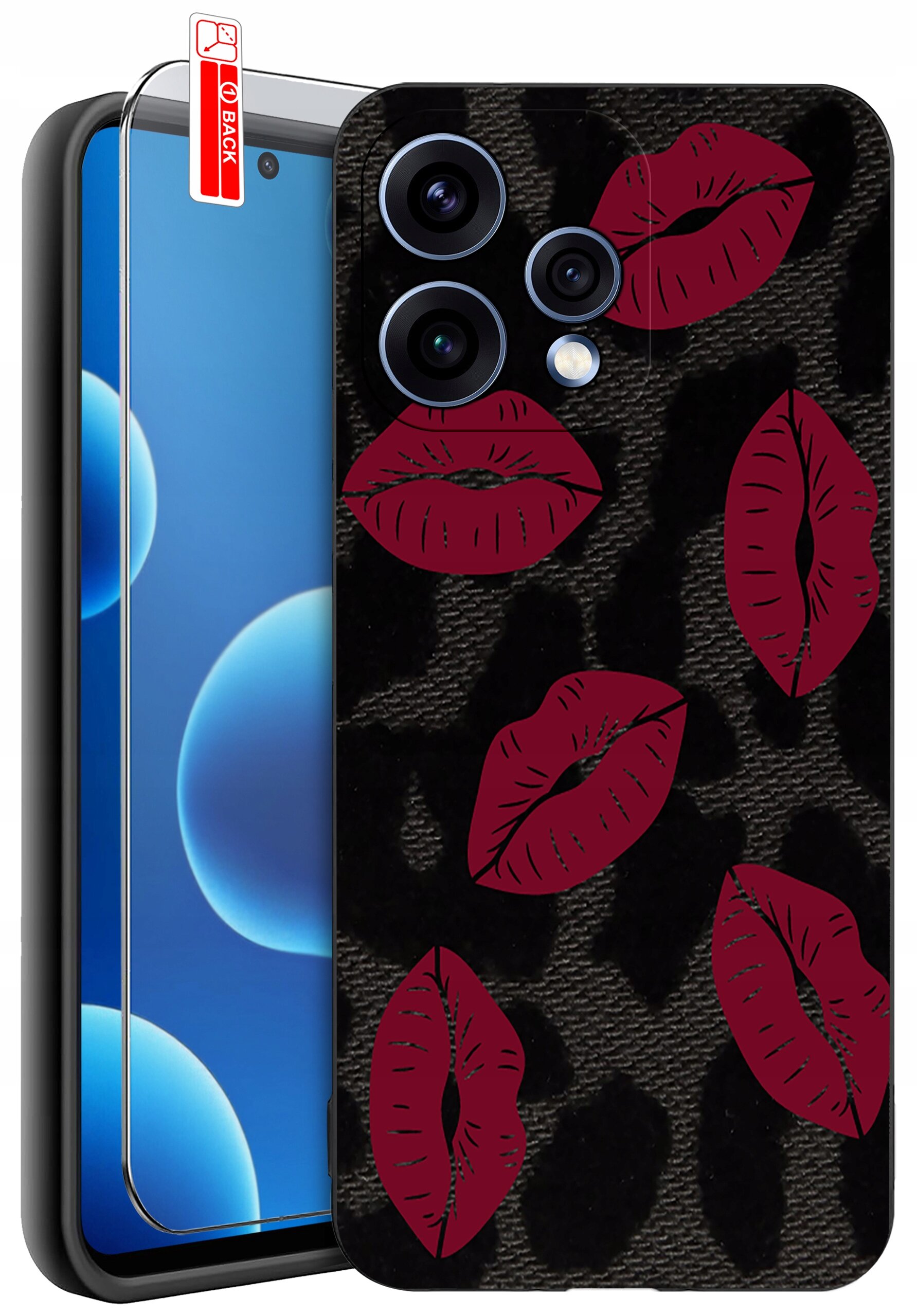 Etui na telefon z czarnym wzorem i czerwonymi ustami, obok znajduje się szkło ochronne z napisem \'BACK\'.