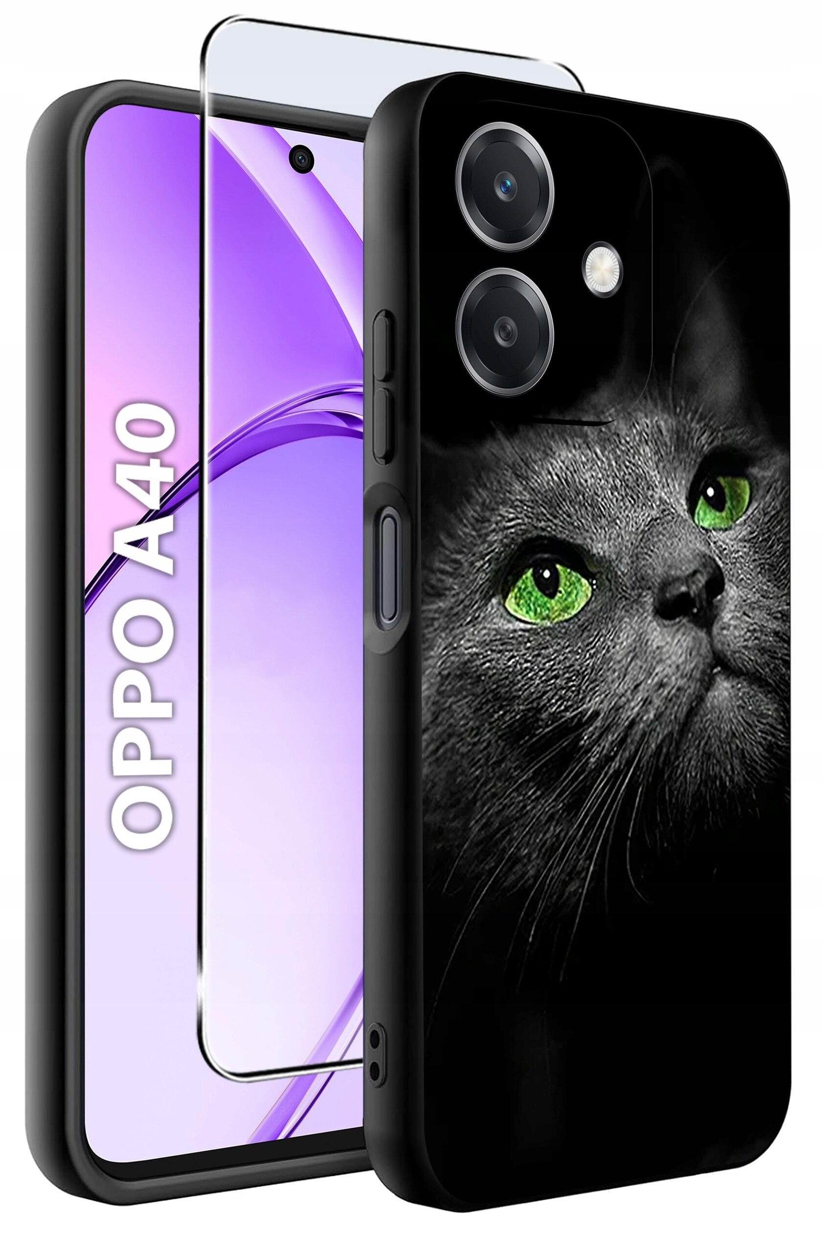 Obraz przedstawia etui na telefon z nadrukiem kota o zielonych oczach oraz szkło ochronne. Na ekranie telefonu widoczny jest napis \'OPPO A40\'.