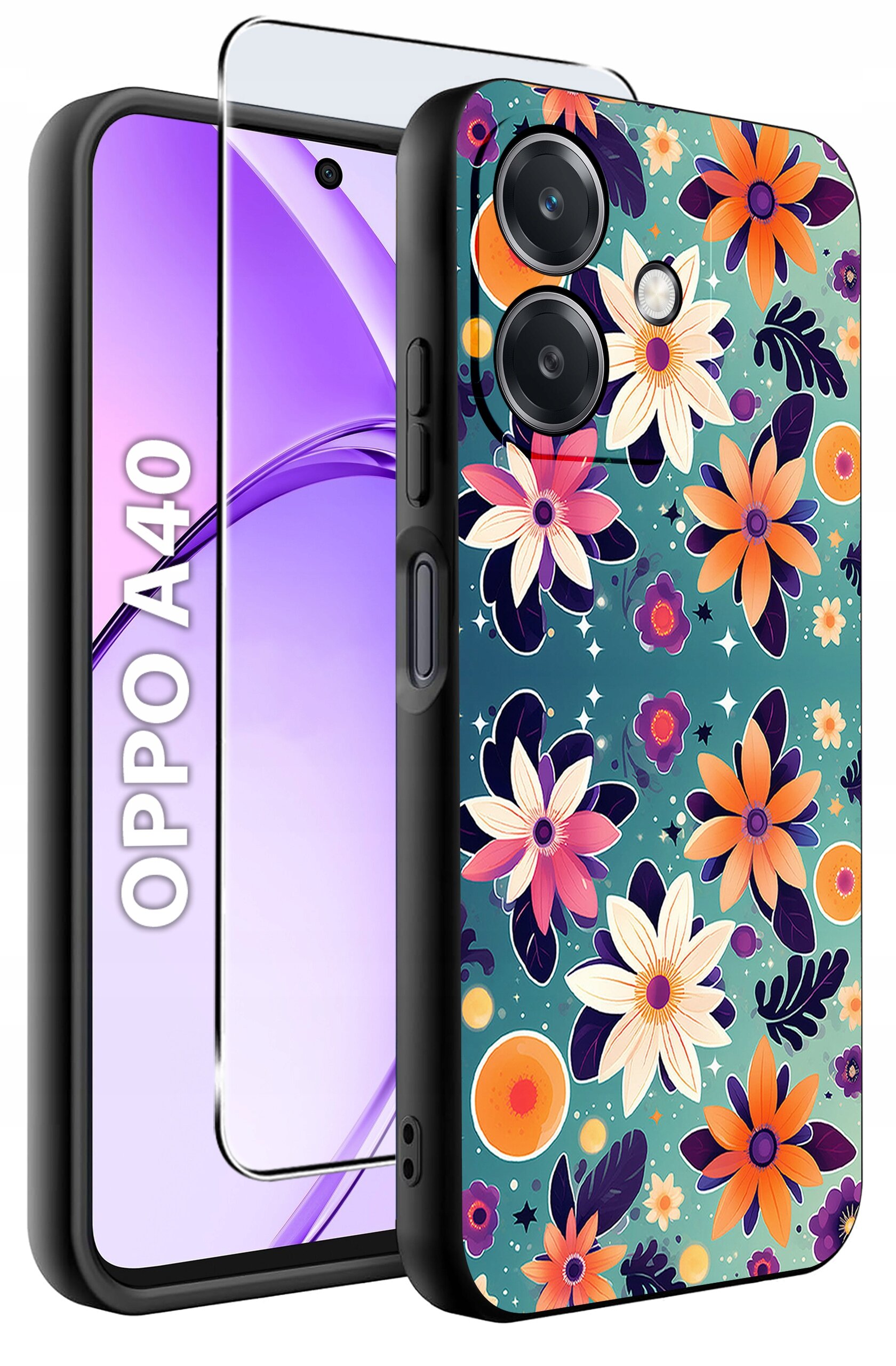 Etui na telefon z kolorowym wzorem kwiatowym, obok którego znajduje się szkło ochronne. Na ekranie telefonu widoczny jest napis \'OPPO A40\'.