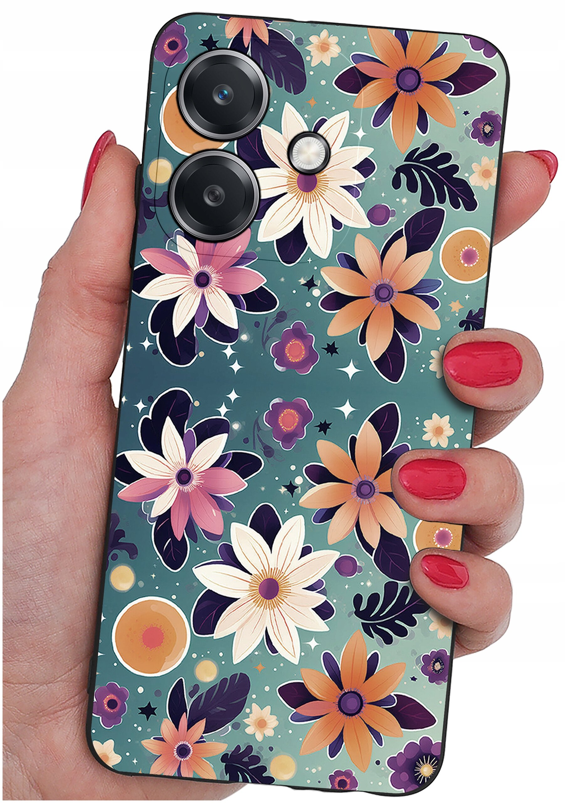 Etui na telefon z kolorowym wzorem kwiatowym, trzymane w dłoni z pomalowanymi na czerwono paznokciami. Na etui widoczne są dwa obiektywy aparatu.