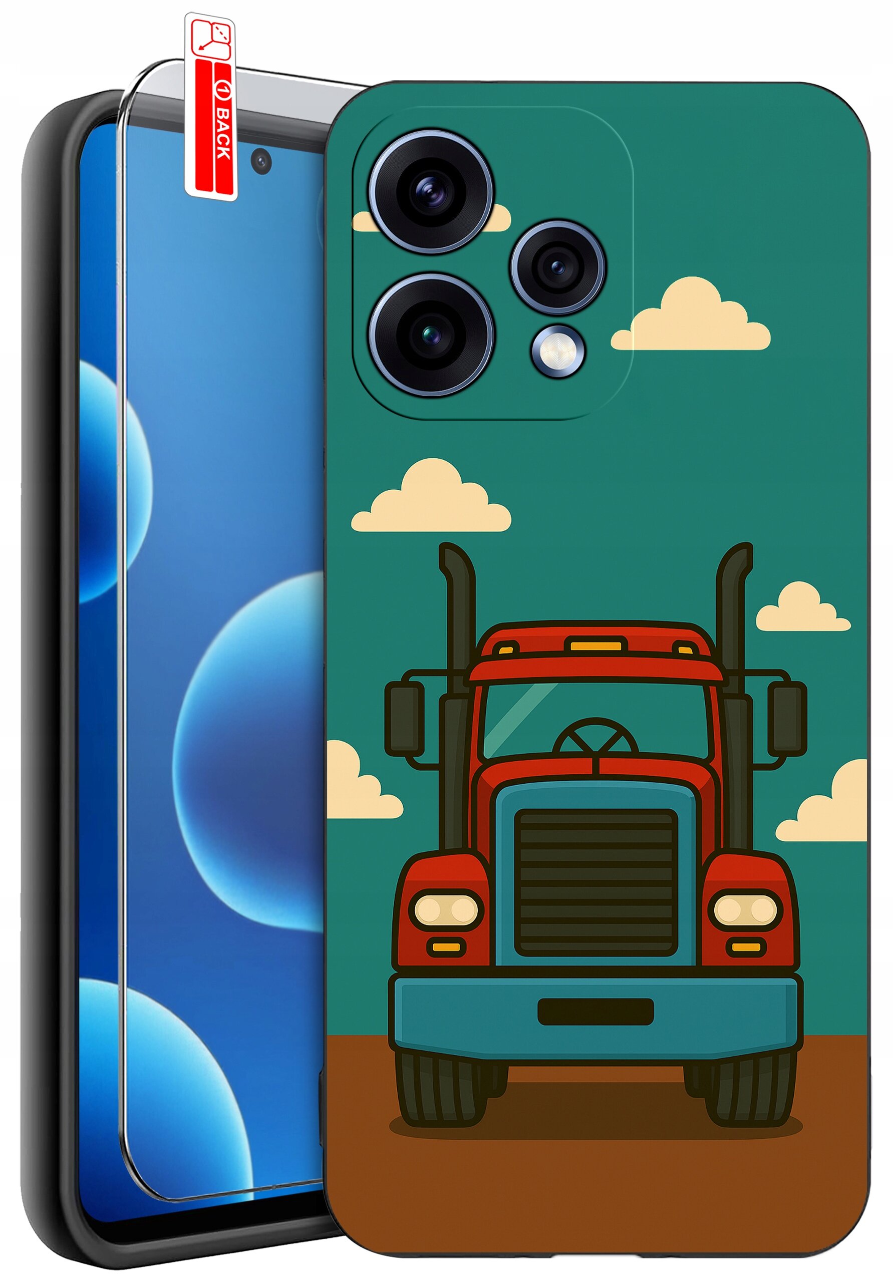 Etui na telefon z grafiką czerwonej ciężarówki na tle nieba z chmurami. Obok znajduje się szkło ochronne z oznaczeniem \'BACK\'.