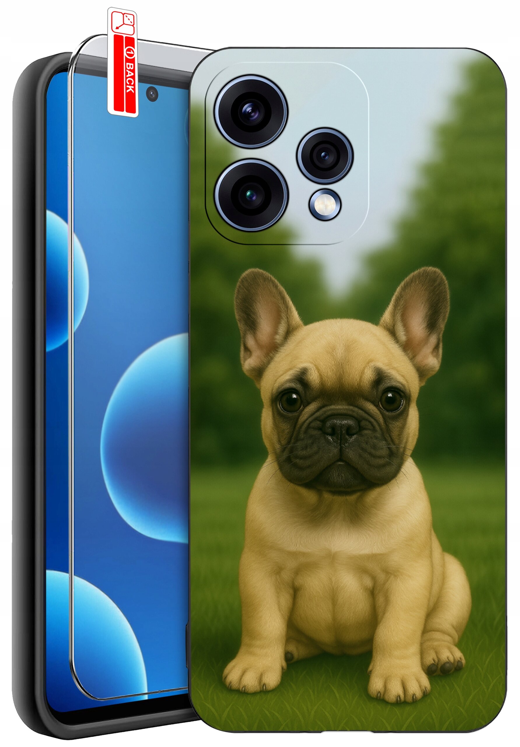 Etui na telefon z nadrukiem psa siedzącego na trawie oraz szkło ochronne z napisem \'BACK\'.