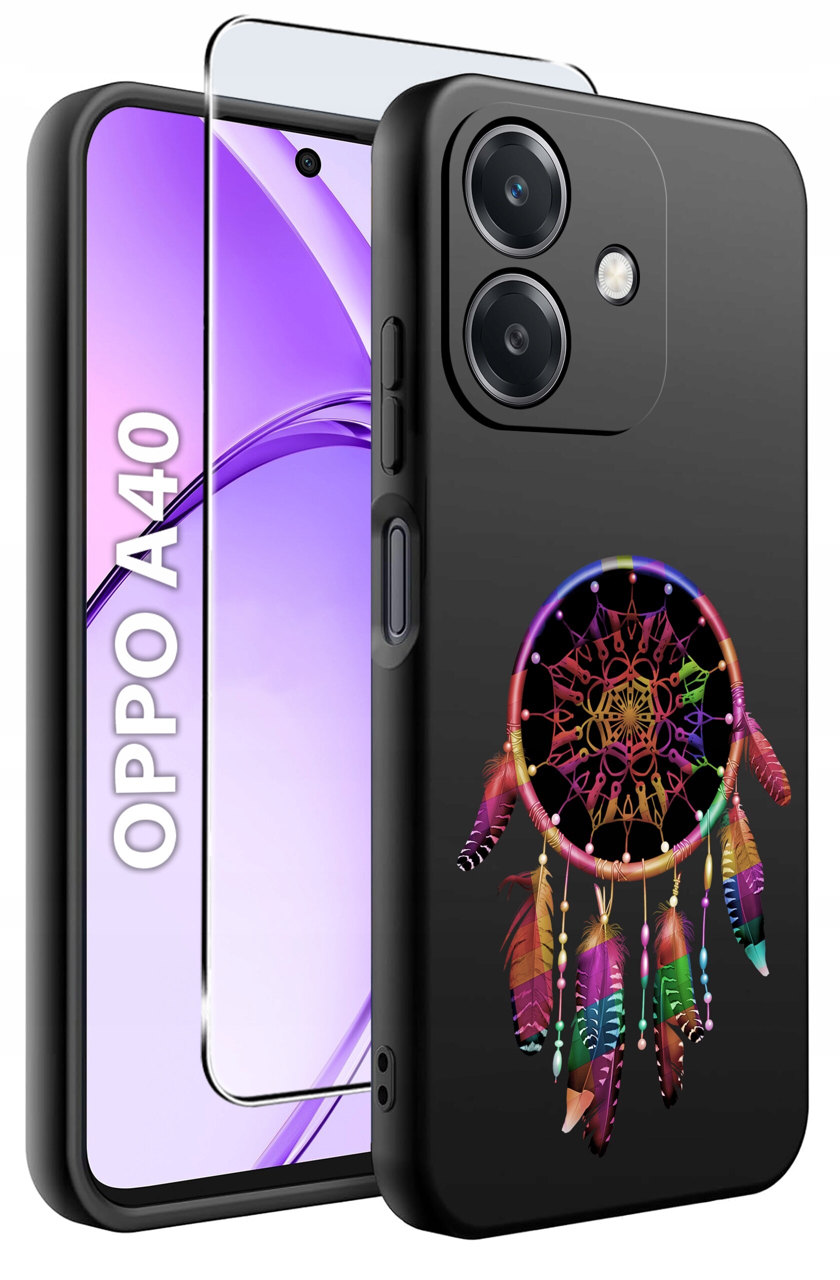 Obraz przedstawia etui na telefon z kolorowym wzorem łapacza snów oraz szkło ochronne. Na ekranie telefonu widoczny jest napis \'OPPO A40\'.