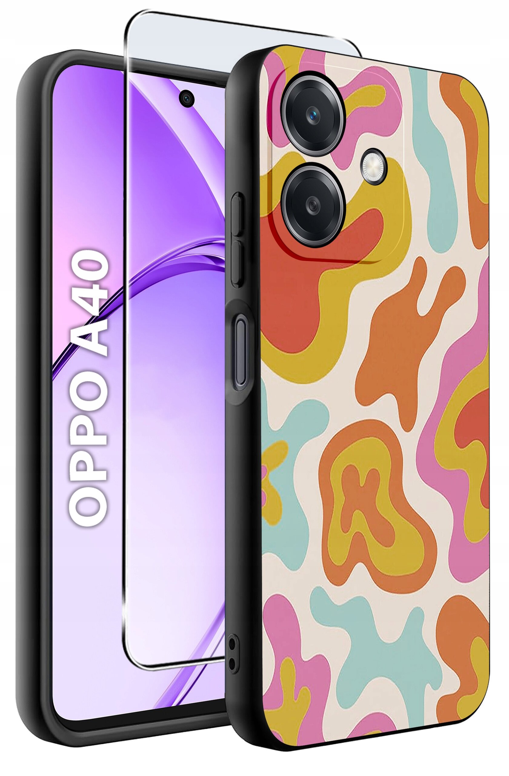 Etui do telefonu z kolorowym, abstrakcyjnym wzorem oraz szkło ochronne. Widoczny napis: \'OPPO A40\'.