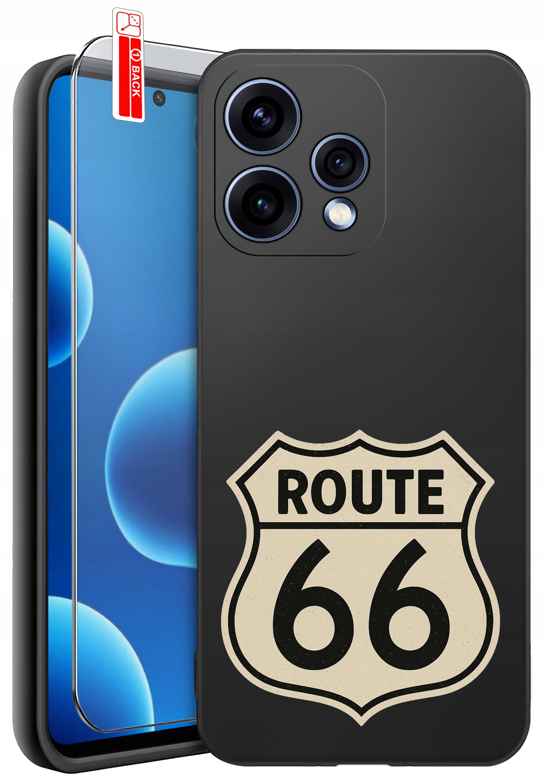 Czarne etui na telefon z nadrukiem \'ROUTE 66\' oraz szkło ochronne z oznaczeniem \'BACK\'.