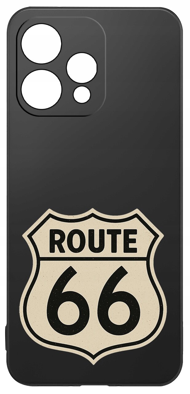 Czarne etui na telefon z dużym nadrukiem znaku drogowego \'ROUTE 66\' w kolorze beżowym. W górnej części widoczne są wycięcia na aparat.