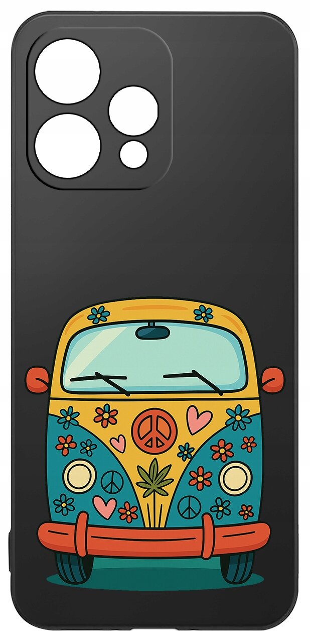 Etui na telefon z kolorowym wzorem przedstawiającym stylizowany samochód z motywami kwiatów i symbolami pokoju. Tło etui jest czarne, a wzór zawiera elementy w kolorach żółtym, niebieskim i czerwonym.