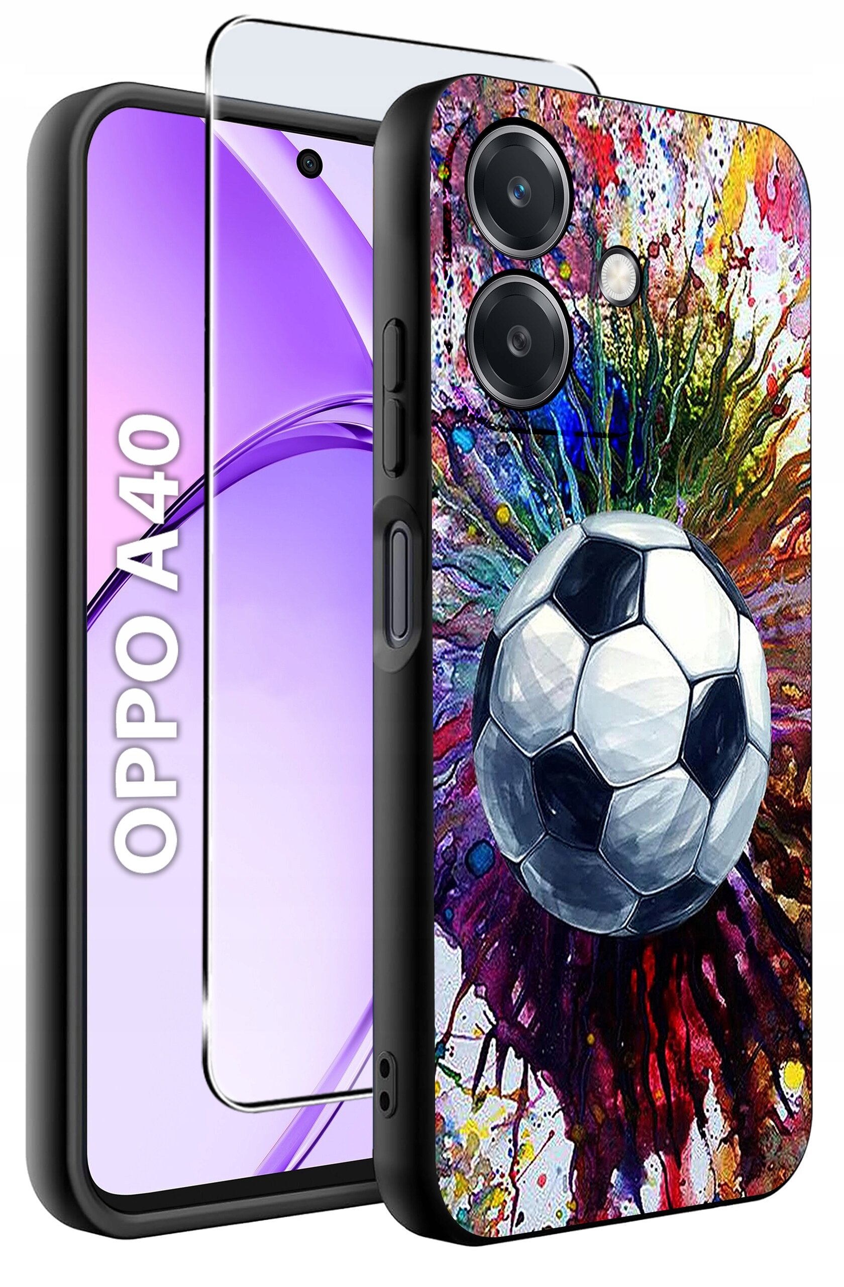 Obraz przedstawia etui na telefon z kolorowym wzorem piłki nożnej na tle rozpryskujących się farb. Obok etui widoczny jest telefon z napisem \'OPPO A40\'.
