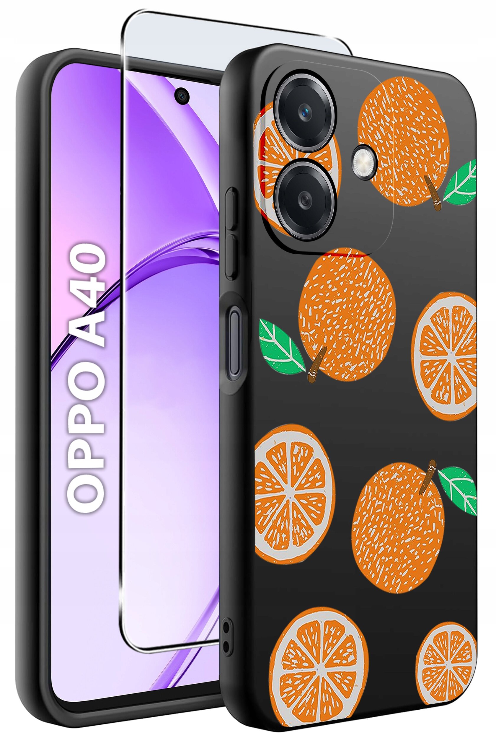 Obraz przedstawia etui na telefon z motywem pomarańczy oraz szkło ochronne. Na ekranie telefonu widoczny jest napis \'OPPO A40\'.