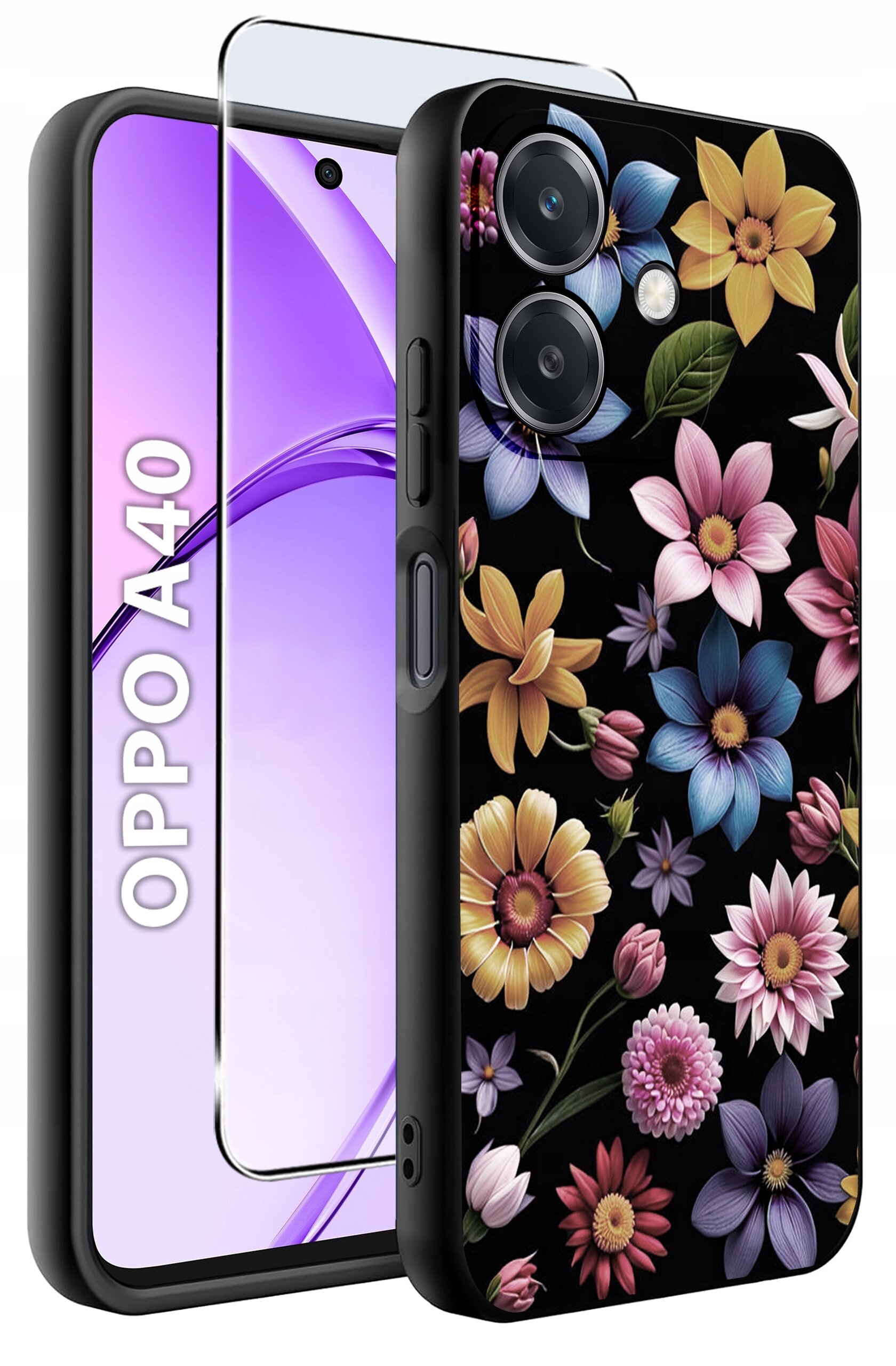 Etui na telefon z kolorowym wzorem kwiatów na czarnym tle, obok widoczny telefon z napisem \'OPPO A40\'.