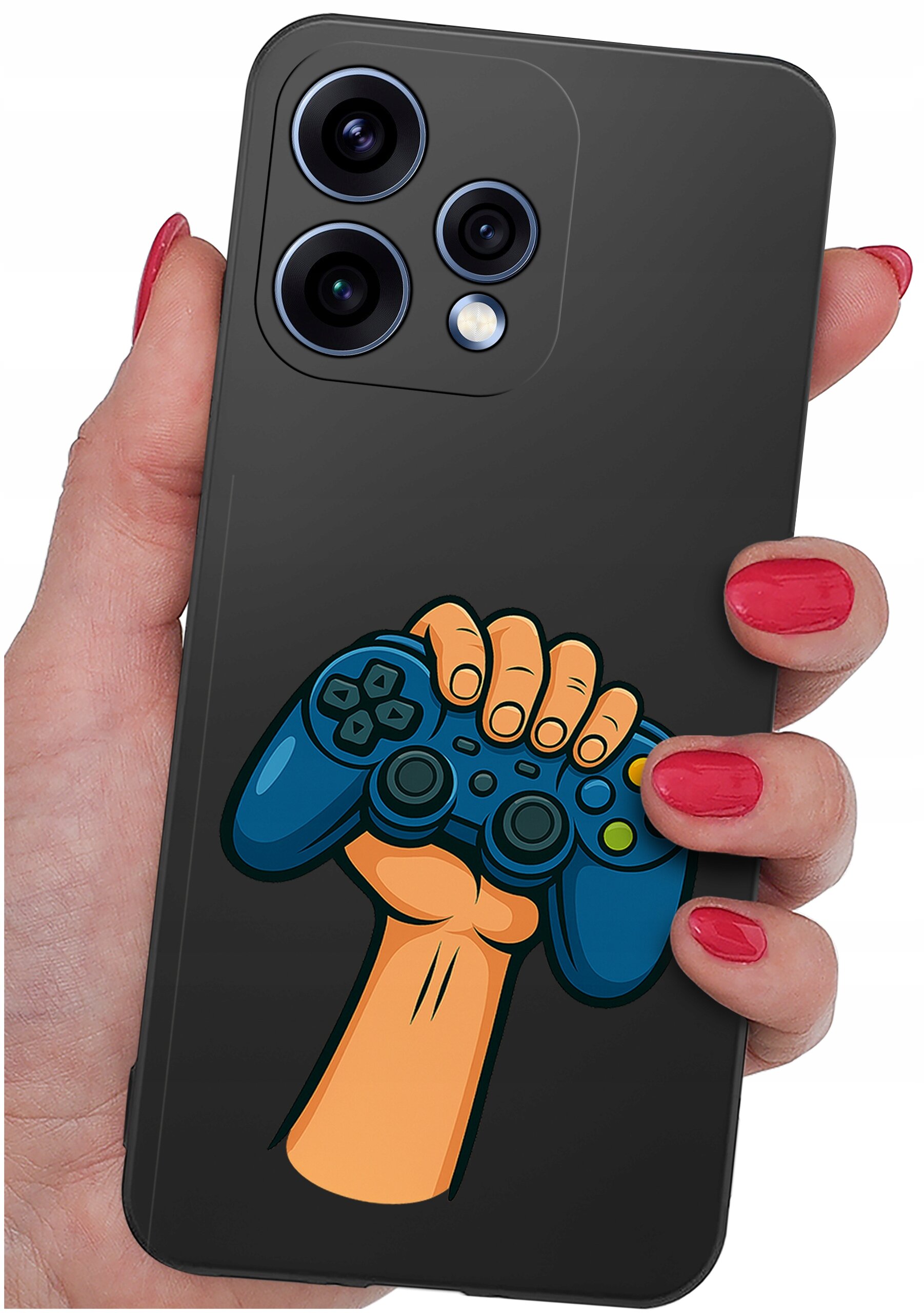 Etui na telefon z grafiką przedstawiającą rękę trzymającą niebieski kontroler do gier. Etui jest trzymane przez osobę z pomalowanymi na czerwono paznokciami.