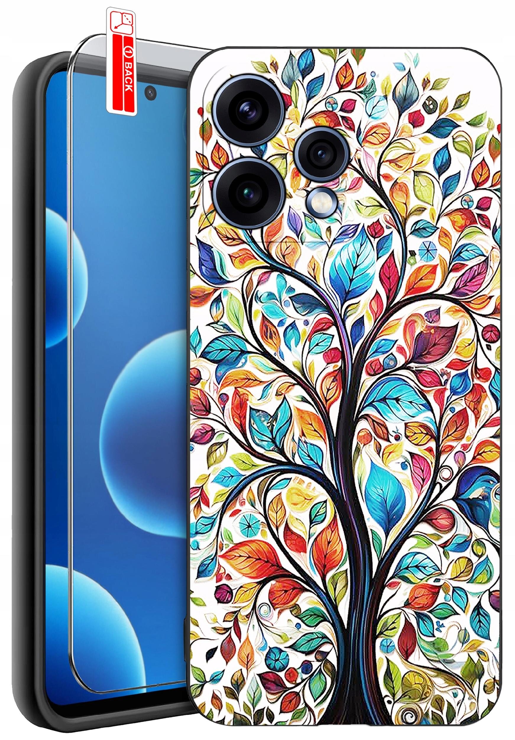 Etui na telefon z kolorowym wzorem drzewa z liśćmi w różnych barwach. Obok znajduje się szkło ochronne z napisem \'BACK\'.
