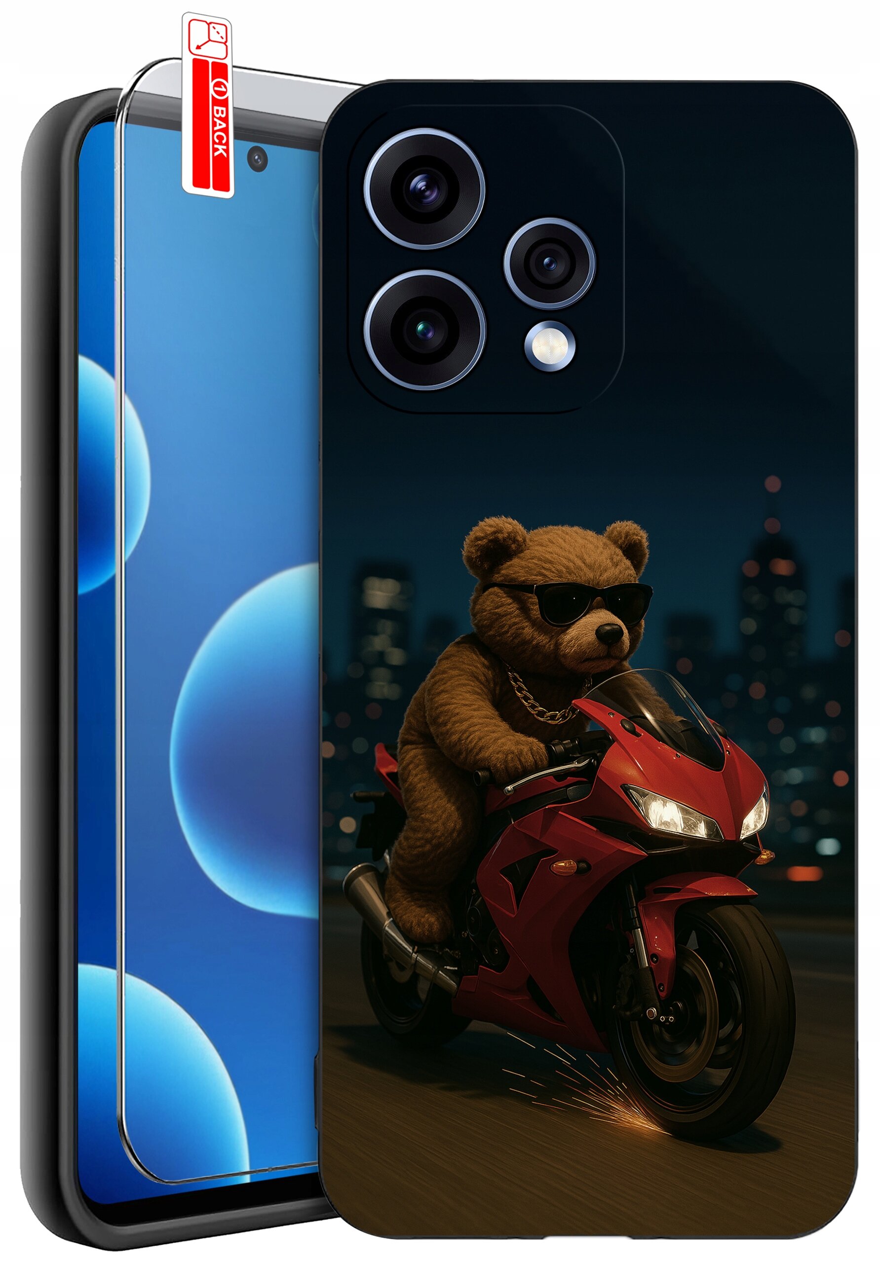 Etui na telefon z nadrukiem misia w okularach przeciwsłonecznych, jadącego na czerwonym motocyklu na tle nocnego miasta. Obok etui znajduje się szkło ochronne z napisem \'BACK\'.
