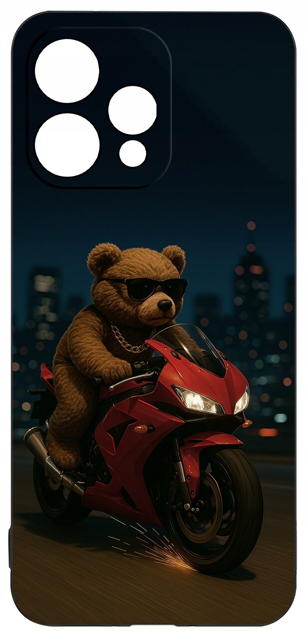 Etui przedstawia misia w okularach przeciwsłonecznych, jadącego na czerwonym motocyklu na tle nocnego miasta. W górnym rogu widoczne są wycięcia na aparat telefonu.