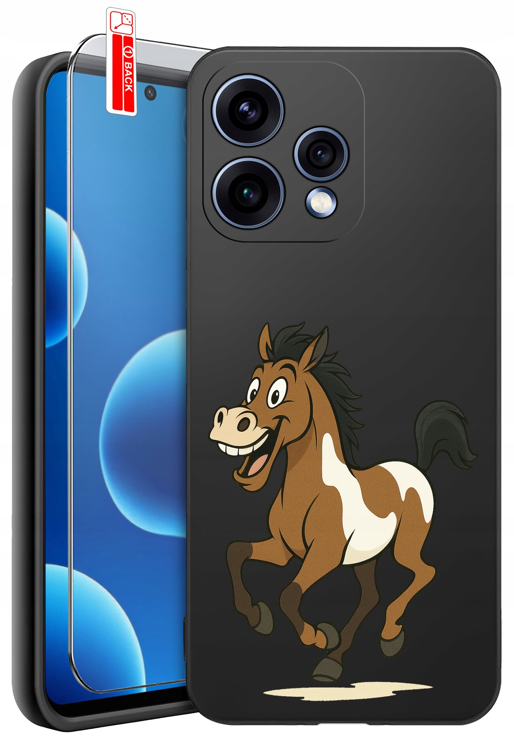 Etui na telefon z nadrukiem uśmiechniętego konia na czarnym tle, obok którego znajduje się szkło ochronne z napisem \'BACK\'.