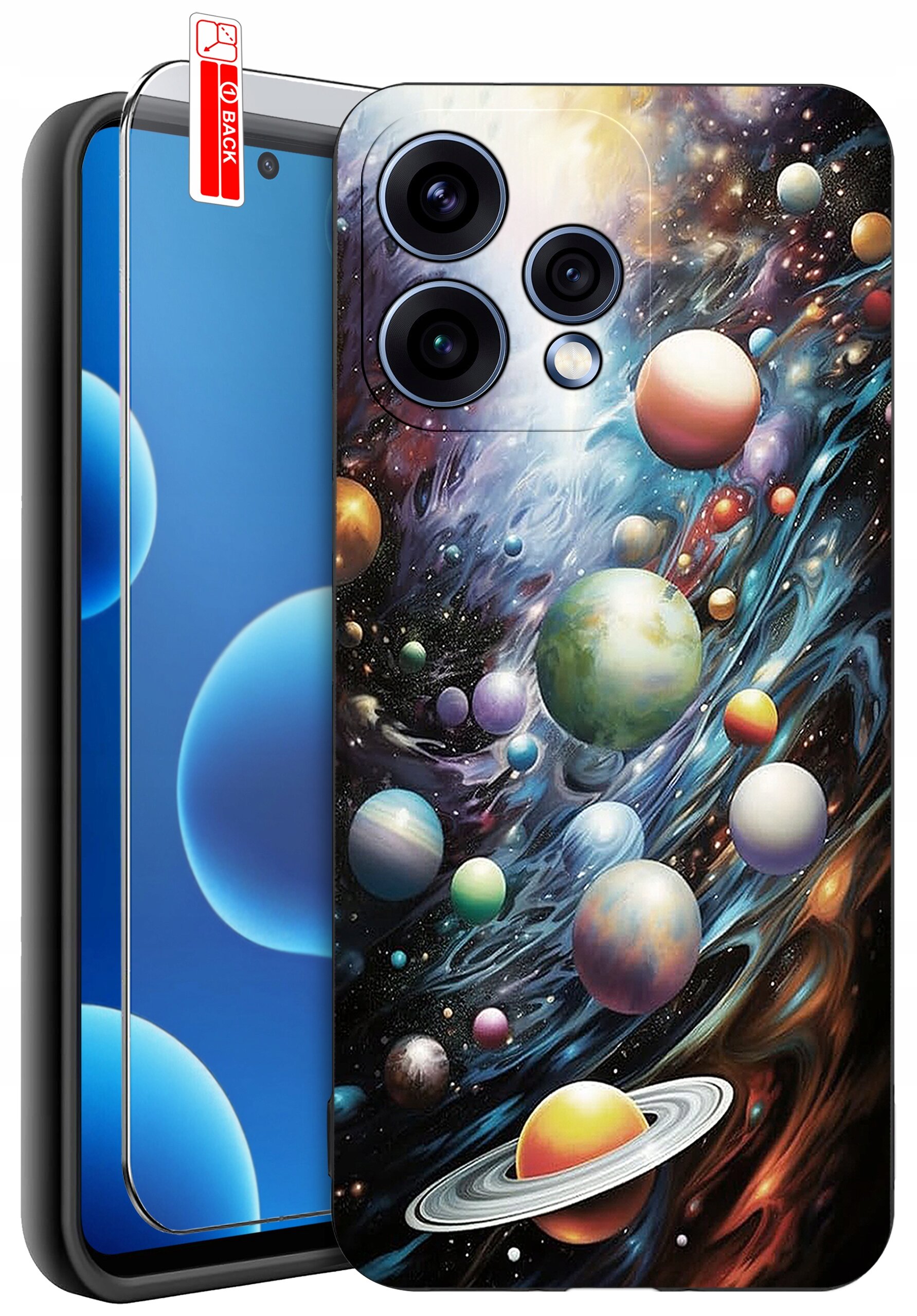 Etui na telefon z kolorowym wzorem przedstawiającym planety w kosmosie. Obok znajduje się szkło ochronne z etykietą \'BACK\'.
