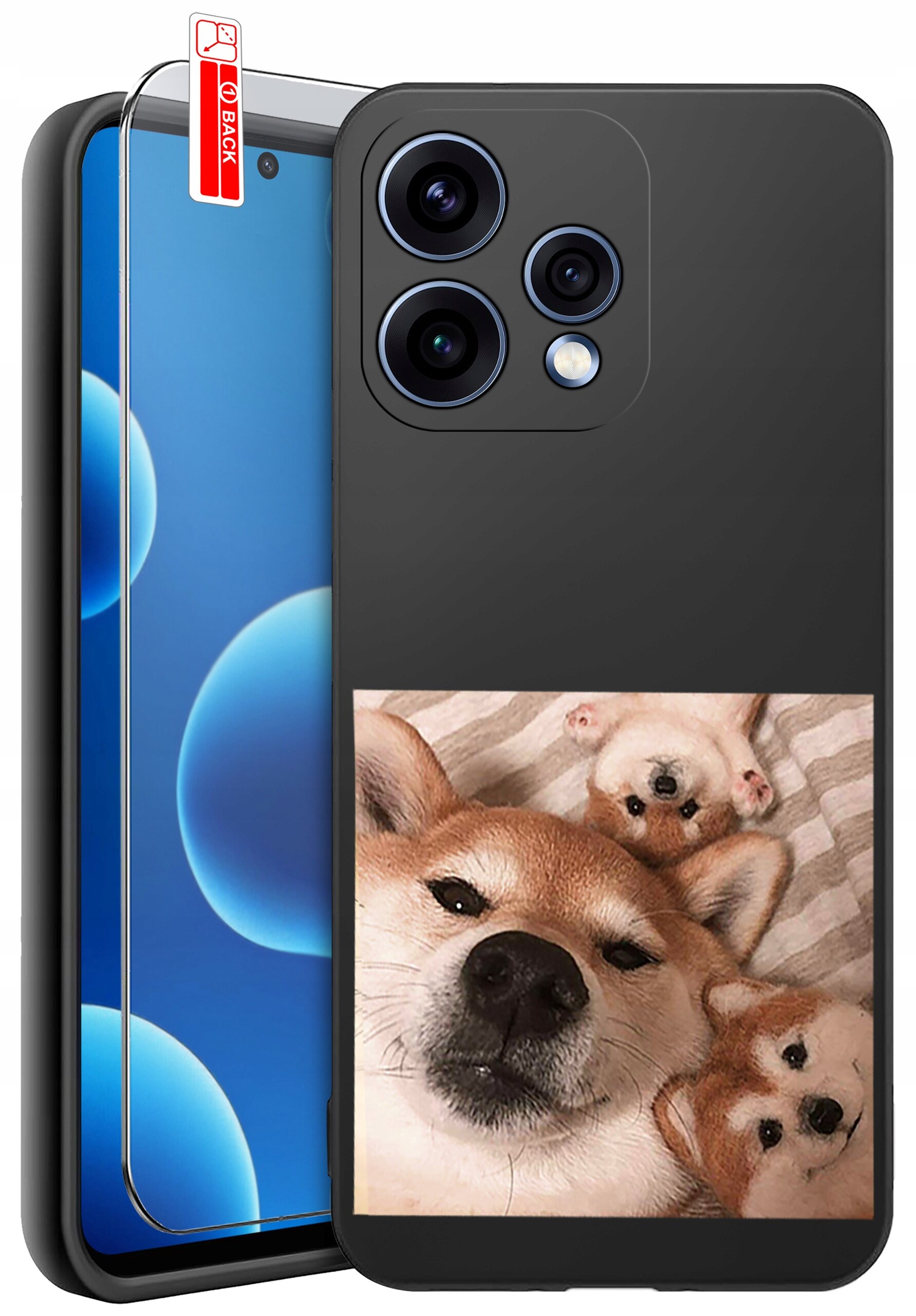 Obraz przedstawia czarne etui na telefon z nadrukiem psa oraz szkło ochronne z oznaczeniem \'BACK\'.