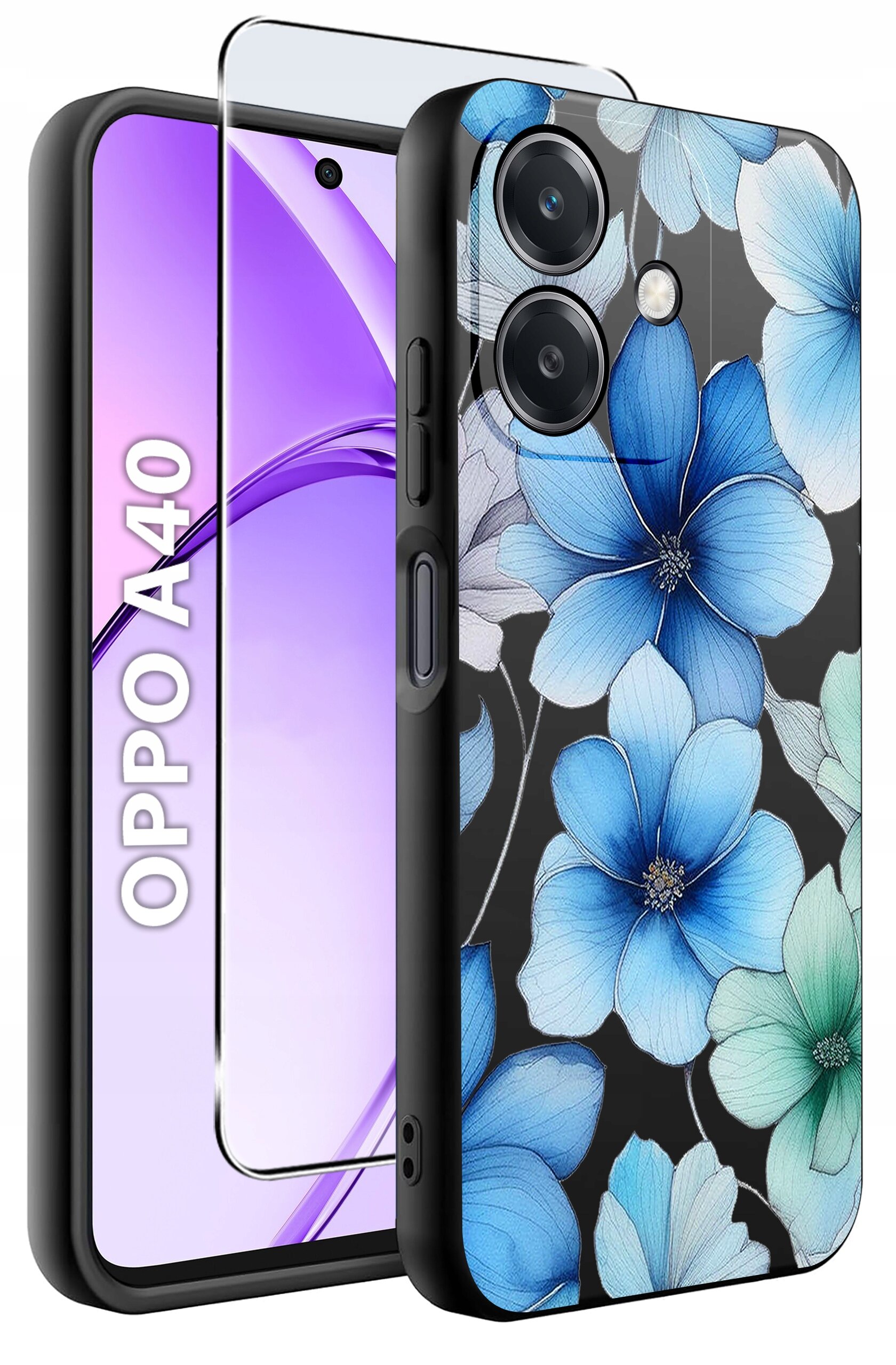 Obraz przedstawia etui na telefon z motywem niebieskich kwiatów oraz szkło ochronne. Na ekranie telefonu widoczny jest napis \'OPPO A40\'.