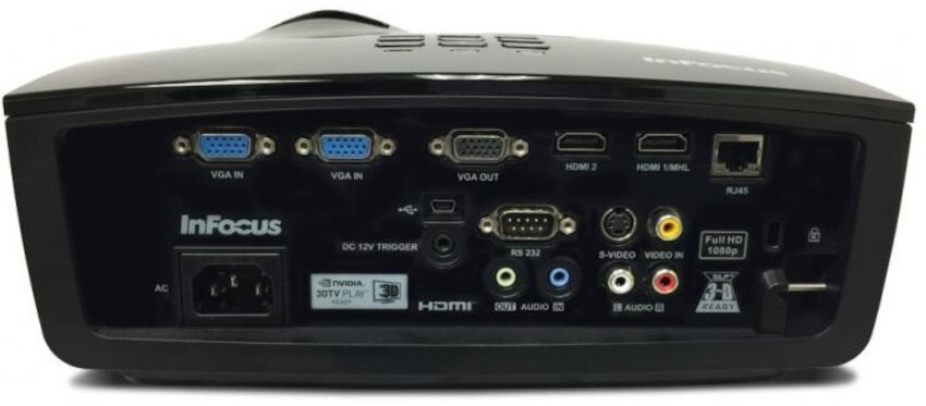Projektor INFOCUS IN3138HDa dodatkowe wyposazenie glosnik wbudowane zlacza HDMI USB port RS-232 wejscie kompozytowe wyjscie liniowe audio wejscie S-Video D-Sub 15pin zlacze Ethernet moc