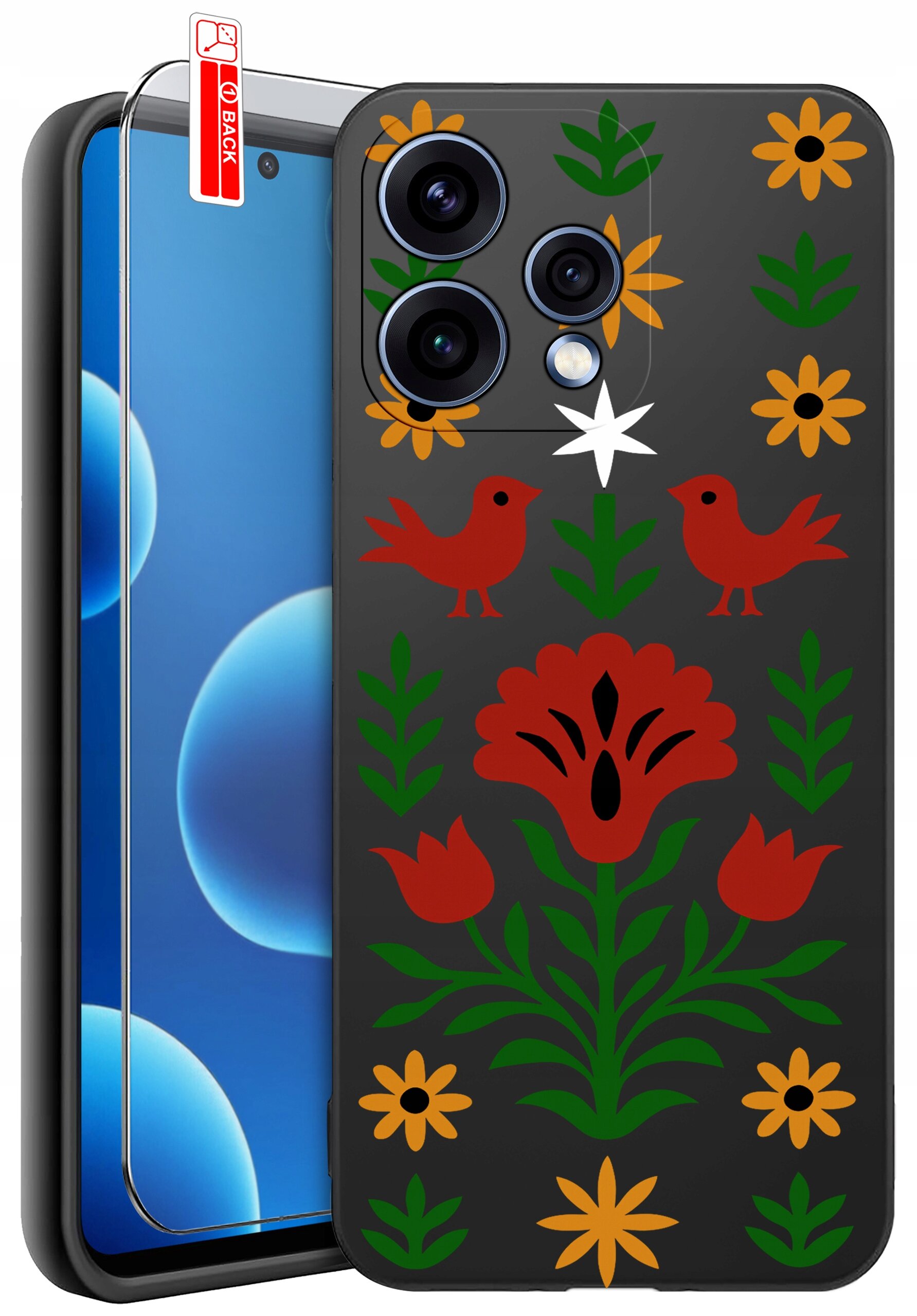 Etui na telefon z kolorowym wzorem kwiatów i ptaków, wykonane z czarnego silikonu. Obok etui znajduje się szkło ochronne z napisem \'BACK\'.