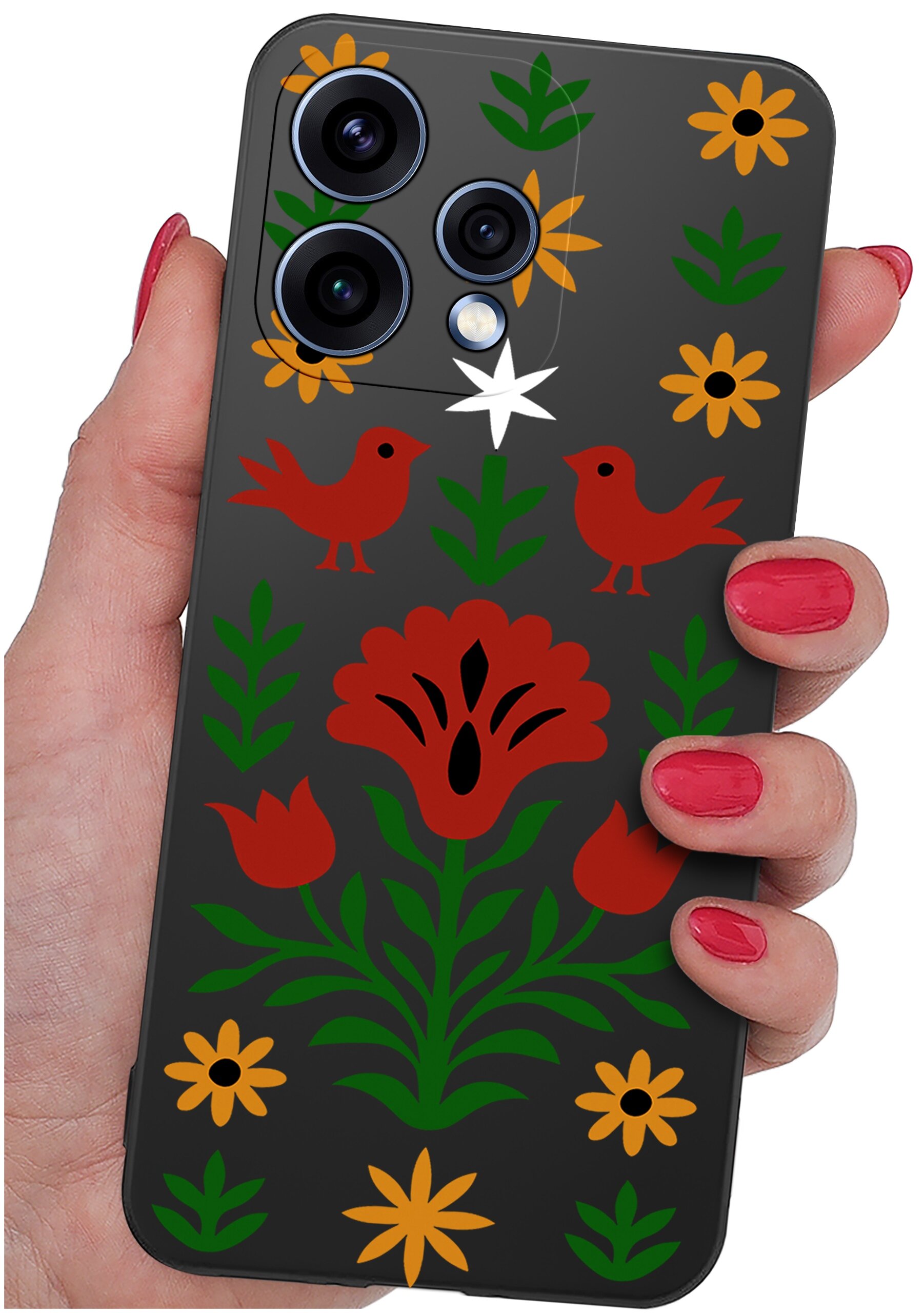 Etui na telefon z kolorowym wzorem kwiatów i ptaków, trzymane w dłoni z pomalowanymi na czerwono paznokciami.
