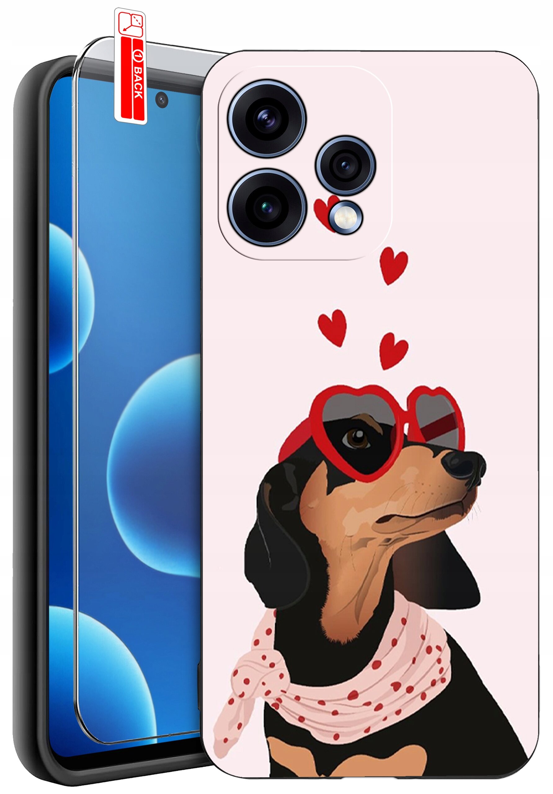 Etui na telefon z grafiką psa w czerwonych okularach w kształcie serc i szaliku w kropki, obok znajduje się szkło ochronne z napisem \'BACK\'.