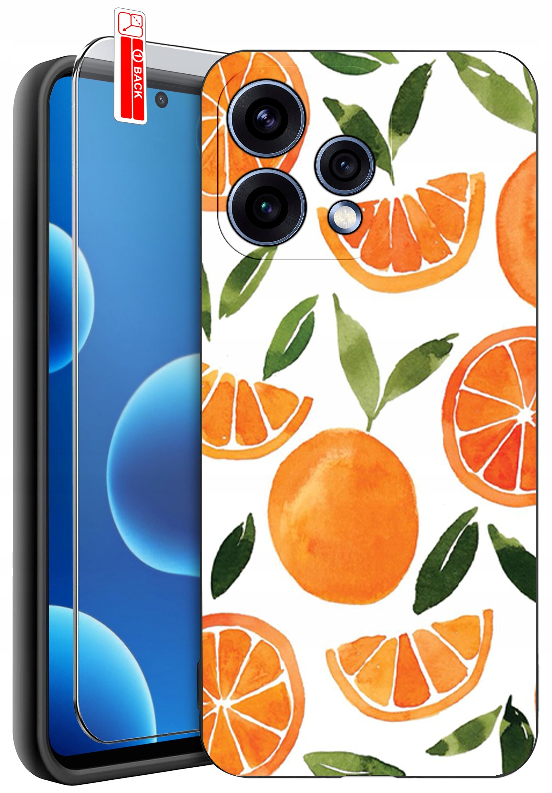 Obraz przedstawia telefon z nałożonym etui z wzorem pomarańczy i liści. Na ekranie telefonu widoczna jest naklejka z napisem \'BACK\'.