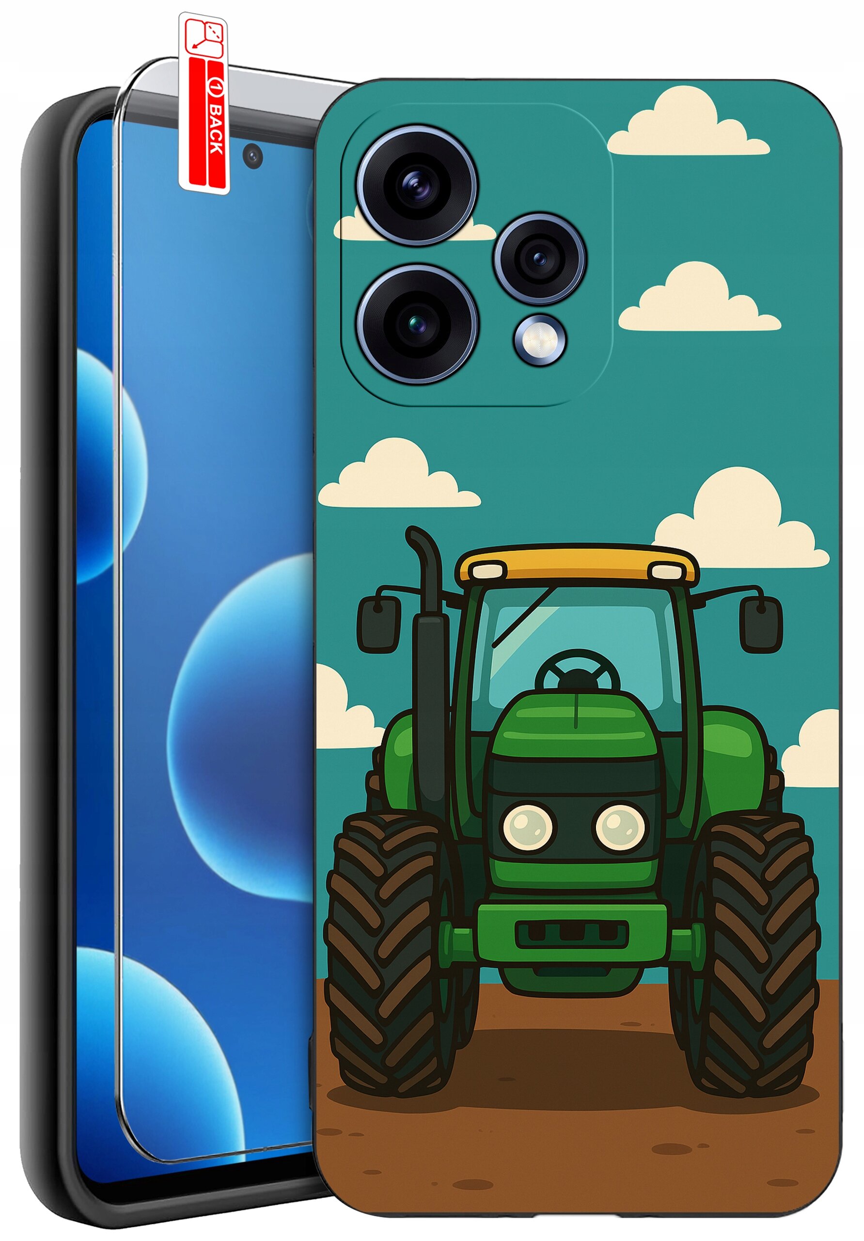Etui na telefon z nadrukiem zielonego traktora na tle nieba z chmurami. Obok znajduje się szkło ochronne z oznaczeniem \'BACK\'.