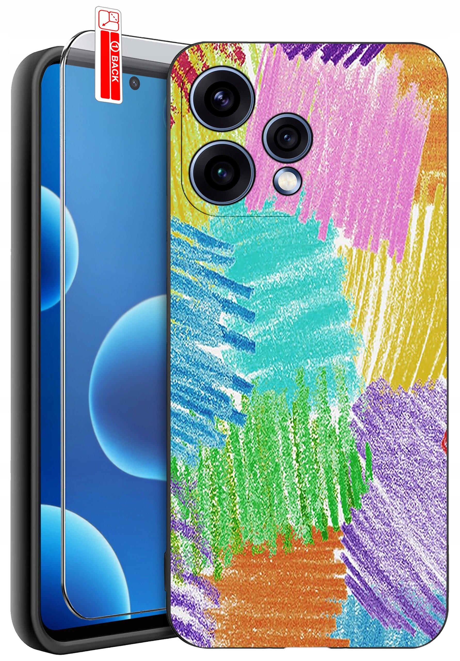 Obraz przedstawia telefon z kolorowym etui w abstrakcyjne wzory oraz szkło ochronne z oznaczeniem \'BACK\'.
