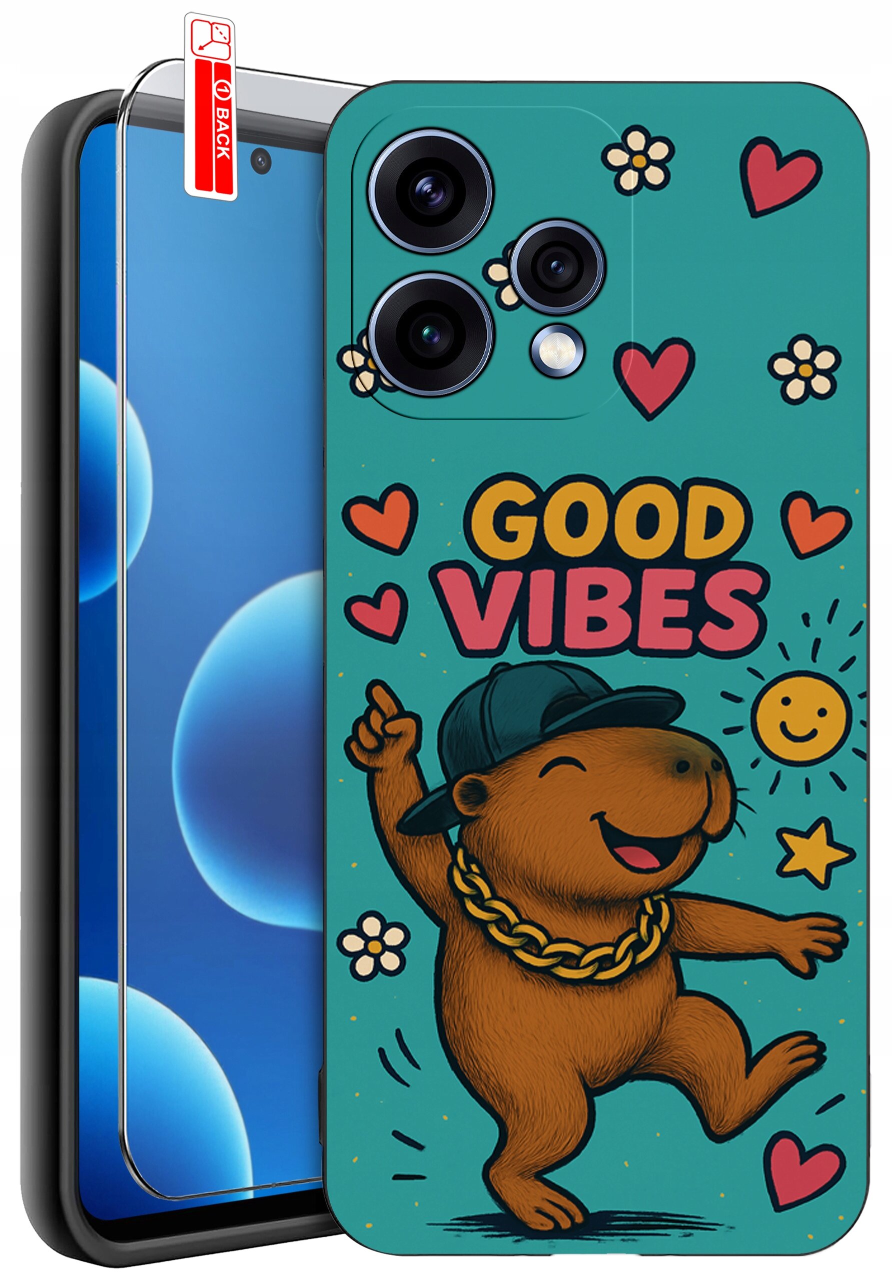 Etui na telefon z kolorowym wzorem przedstawiającym uśmiechnięte zwierzę w czapce, otoczone sercami, kwiatami i napisem \'GOOD VIBES\'. Obok etui znajduje się szkło ochronne z oznaczeniem \'BACK\'.